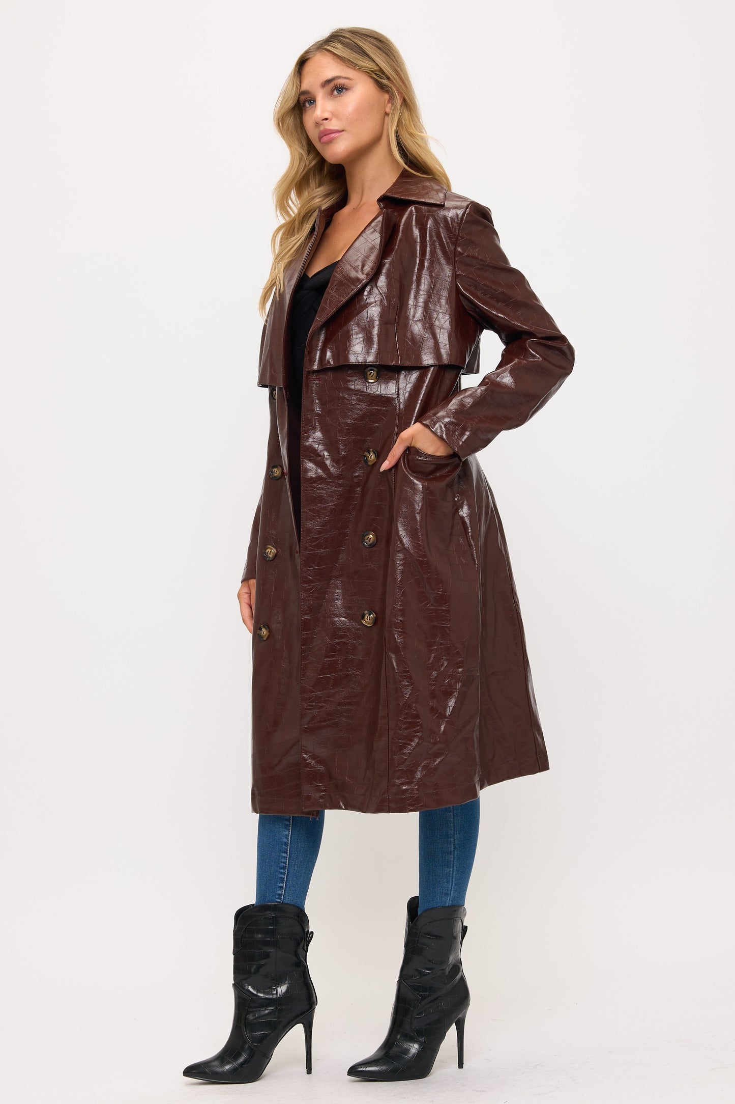 LT0166: Crocodile Faux Leather Trench Coat