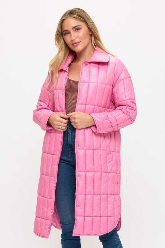 Model Wearing Boulevard Quilted Long Coat Full Length View in Pink | Coalition LA