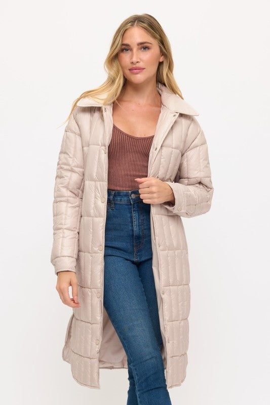 Boulevard Quilted Long Coat Front View in Beige | Coalition LA
