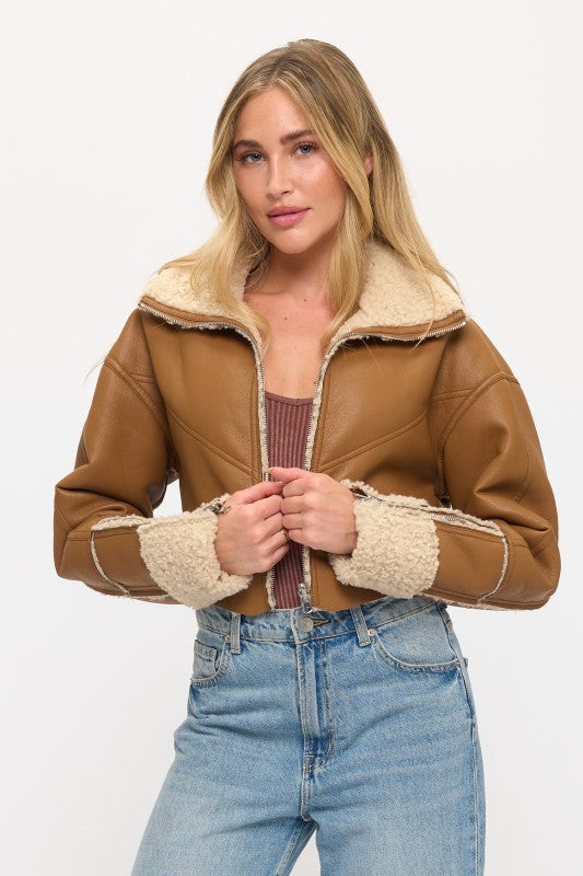 Altitude Shearling Crop Front View in Tan | Coalition LA