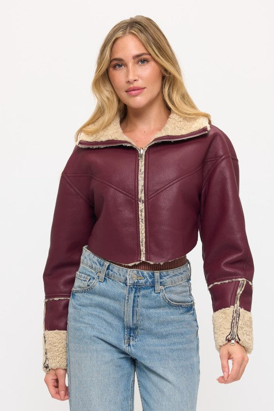 Model Wearing Altitude Shearling Crop Full Length View in Burgundy | Coalition LA