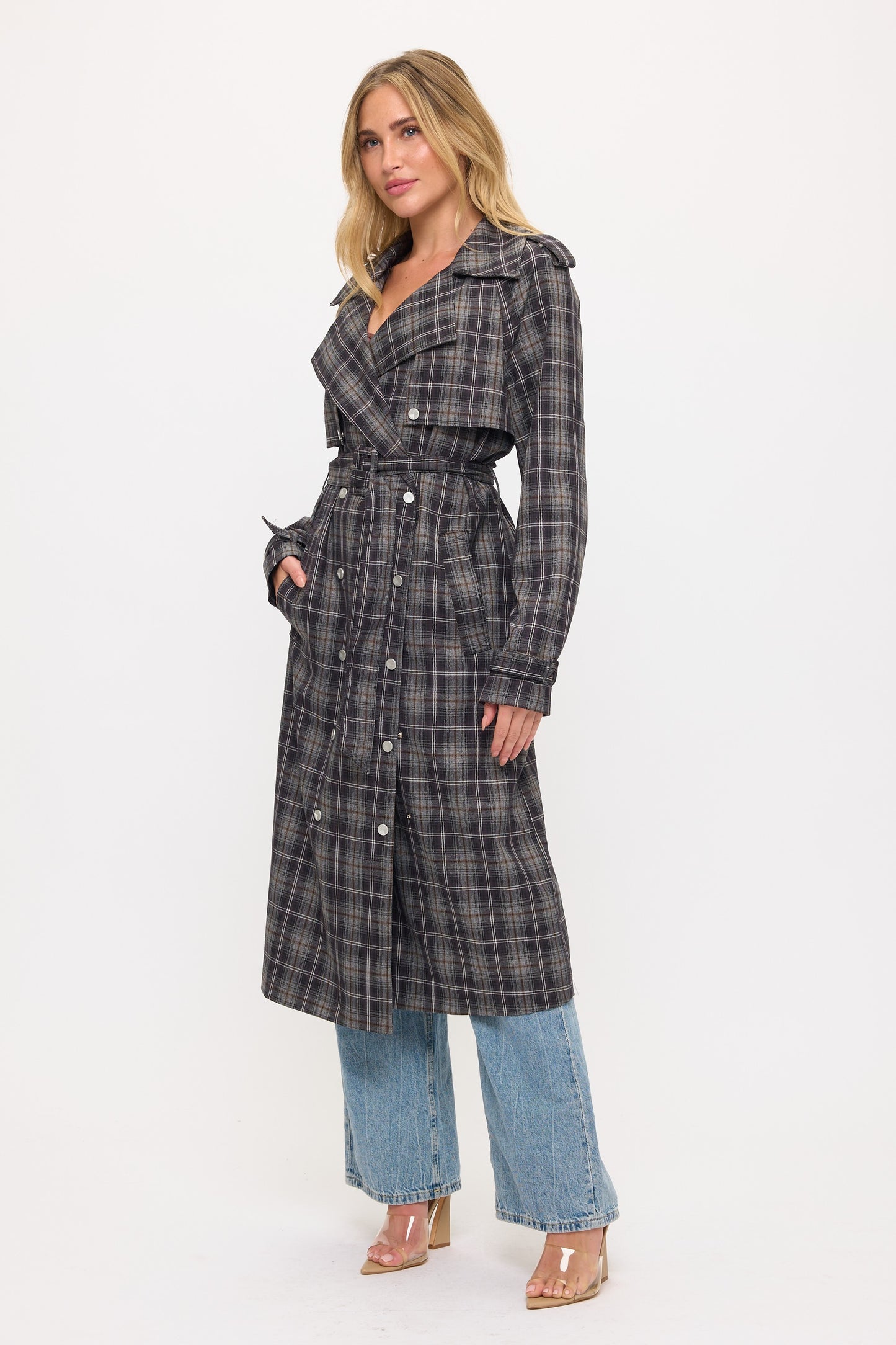 CLALT0042: Long Plaid Trench Coat