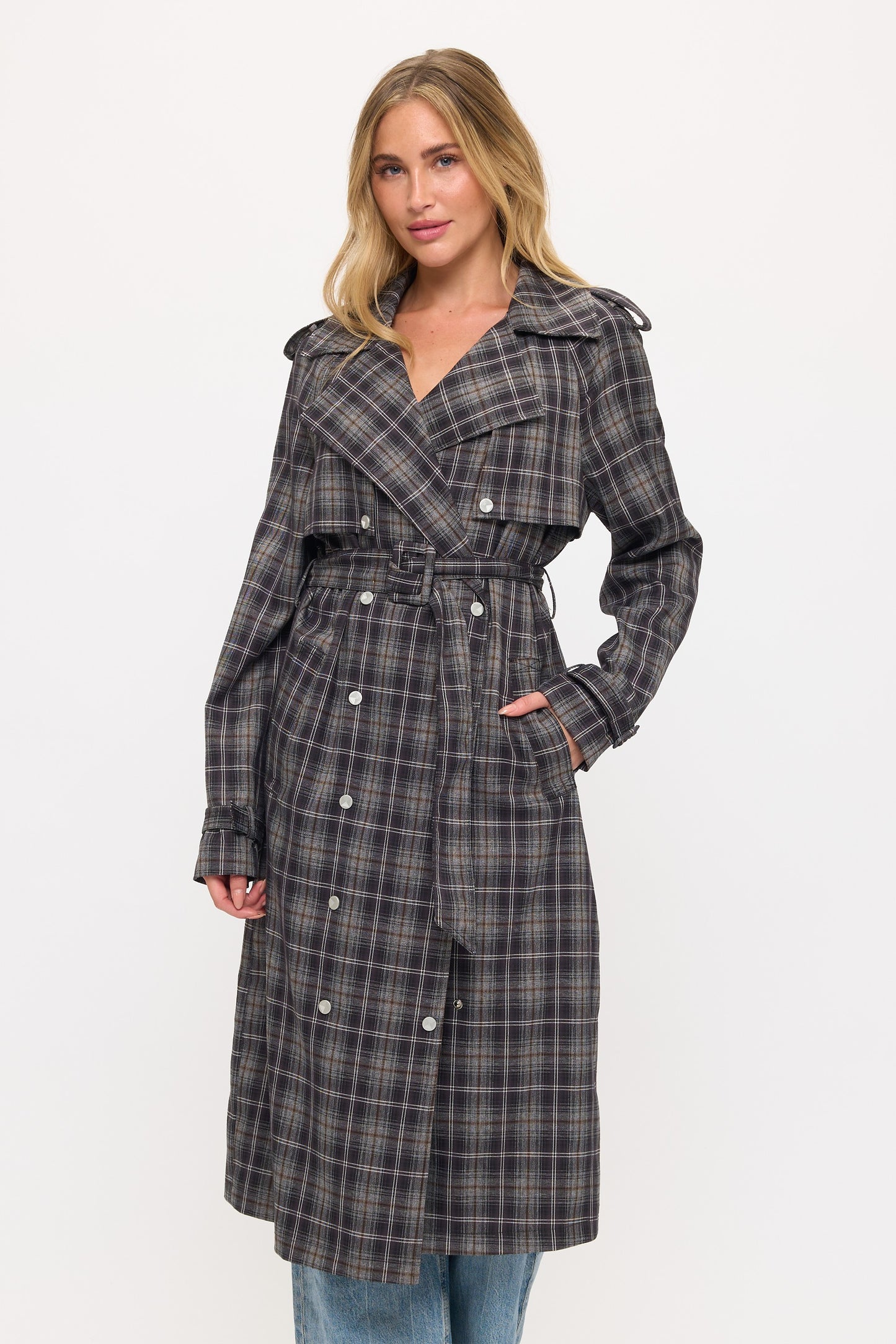 CLALT0042: Long Plaid Trench Coat