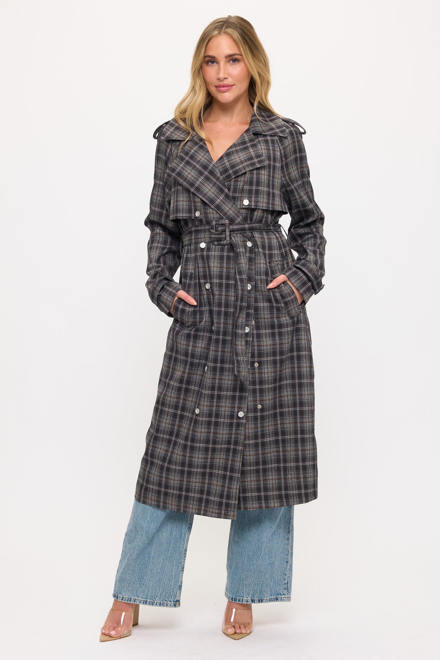 CLALT0042: Long Plaid Trench Coat