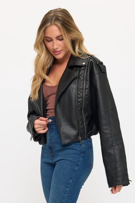 CLALJ0095: Vintage-Inspired Vegan Leather Biker Jacket