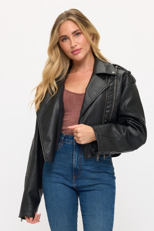 CLALJ0095: Vintage-Inspired Vegan Leather Biker Jacket