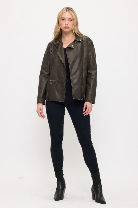 CLALJ0139: SoHo Vintage Washed Oversized Moto Jacket