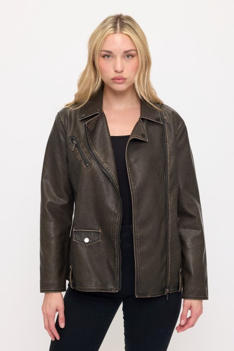 CLALJ0139: SoHo Vintage Washed Oversized Moto Jacket