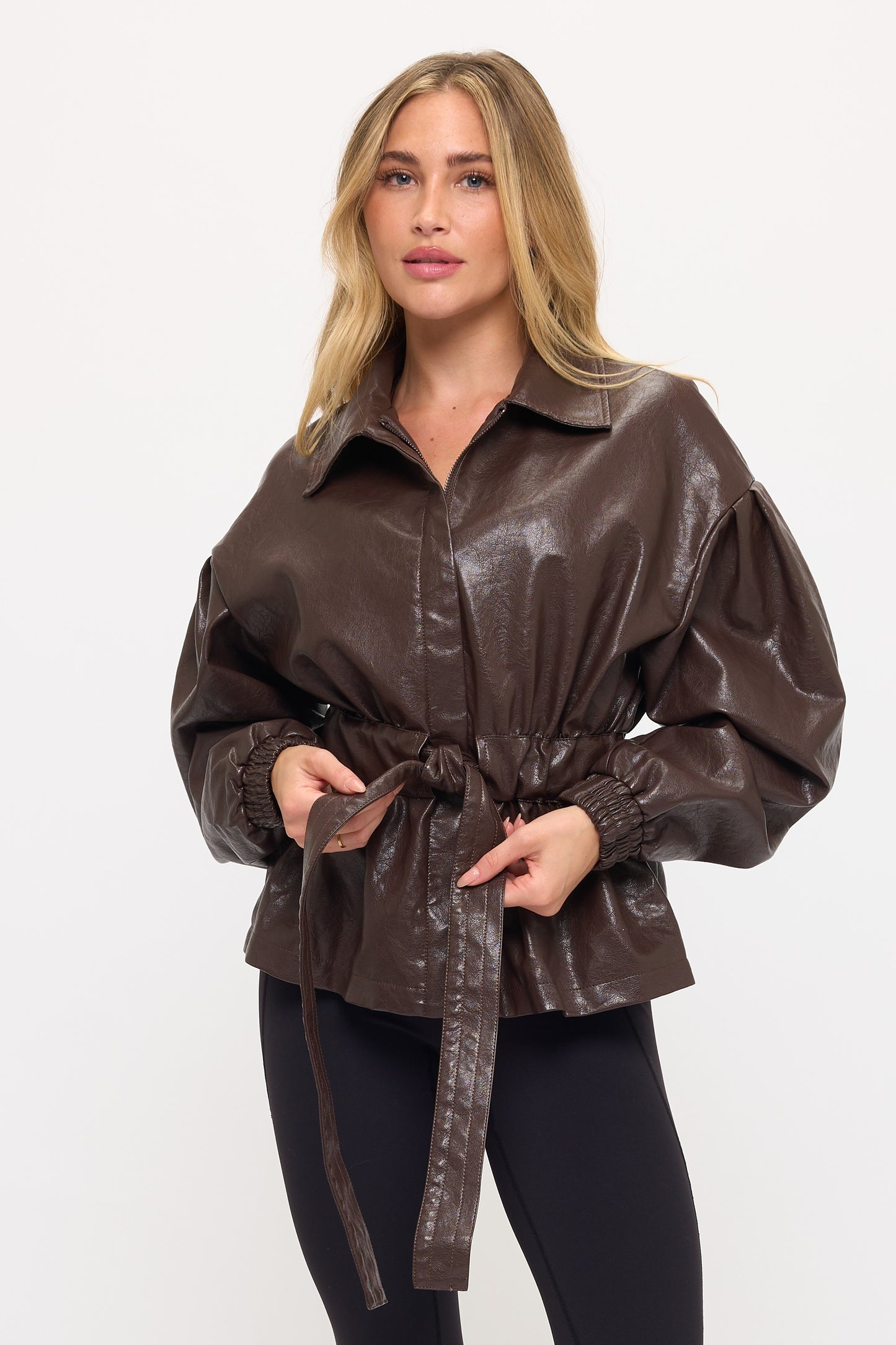 CLALJ0163: LUXE BELTED FAUX LEATHER JACKET