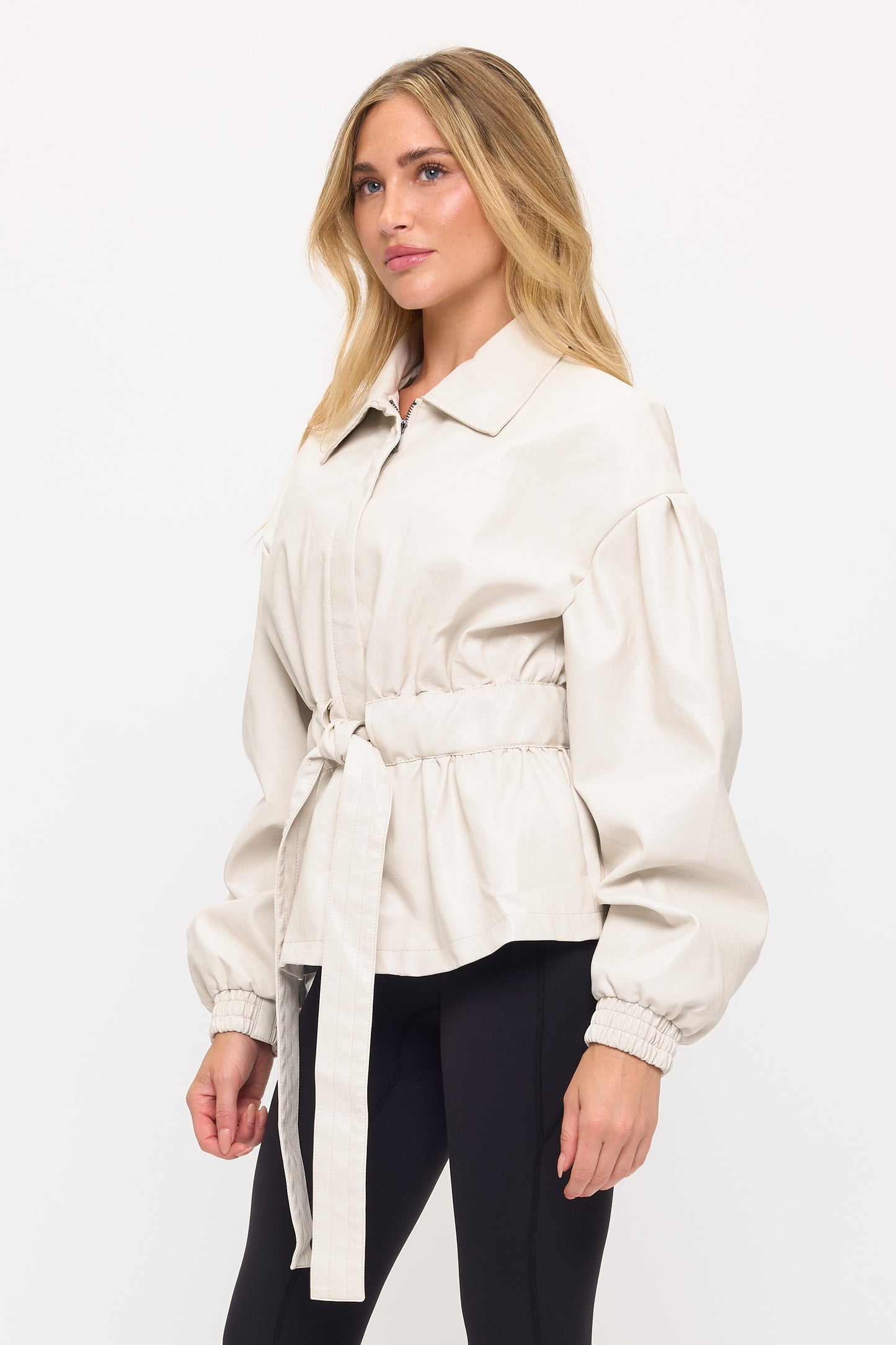 CLALJ0163: LUXE BELTED FAUX LEATHER JACKET