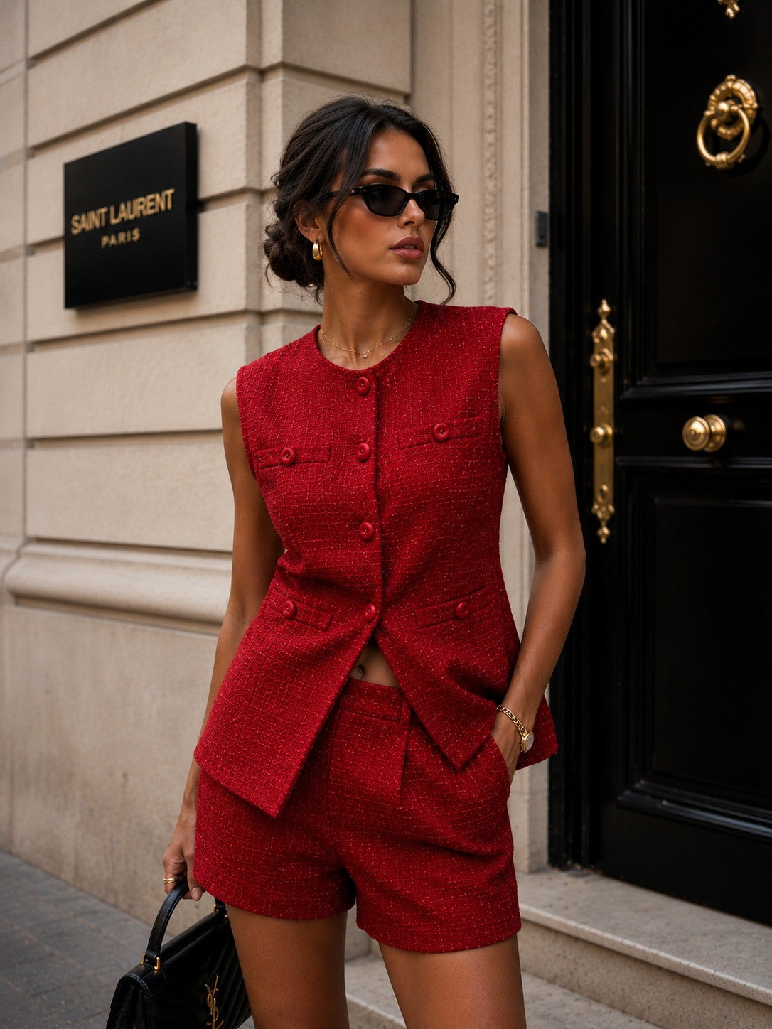 CLAST1021: WOMEN'S TWEED TWO PC VEST AND SHORTS SET