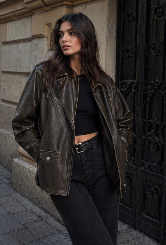 CLALJ0139: SoHo Vintage Washed Oversized Moto Jacket