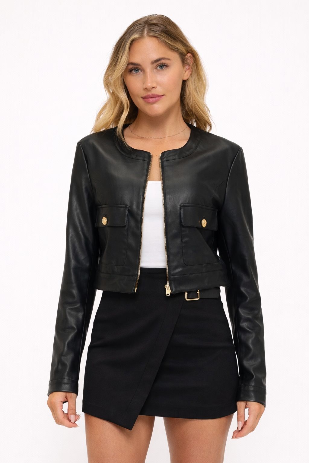 CLALJ0160: Cropped Faux Leather Jacket with Pocket Detail