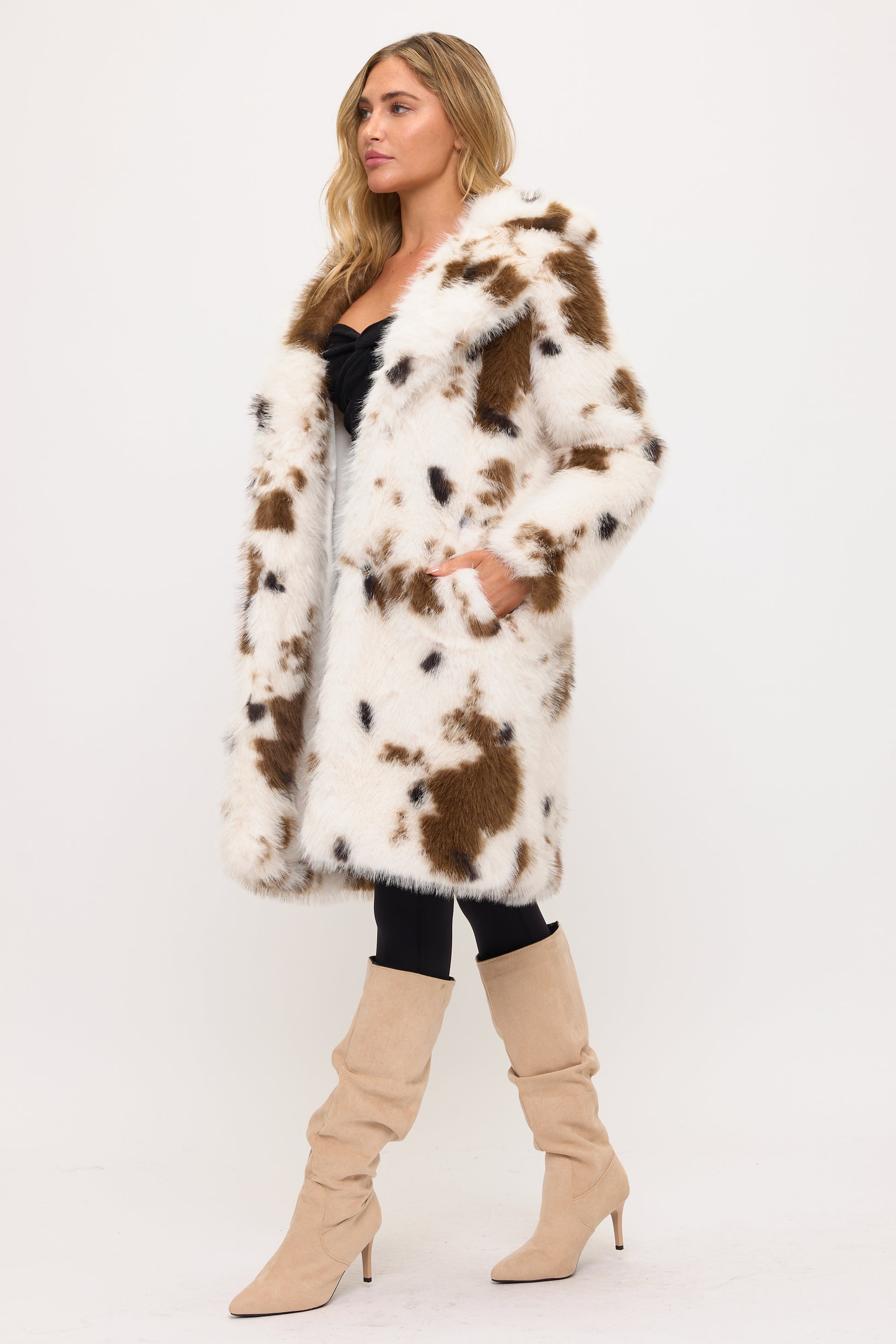 Cowgirl Luxe Faux Fur Coat Front View in Cow Print | Coalition LA
