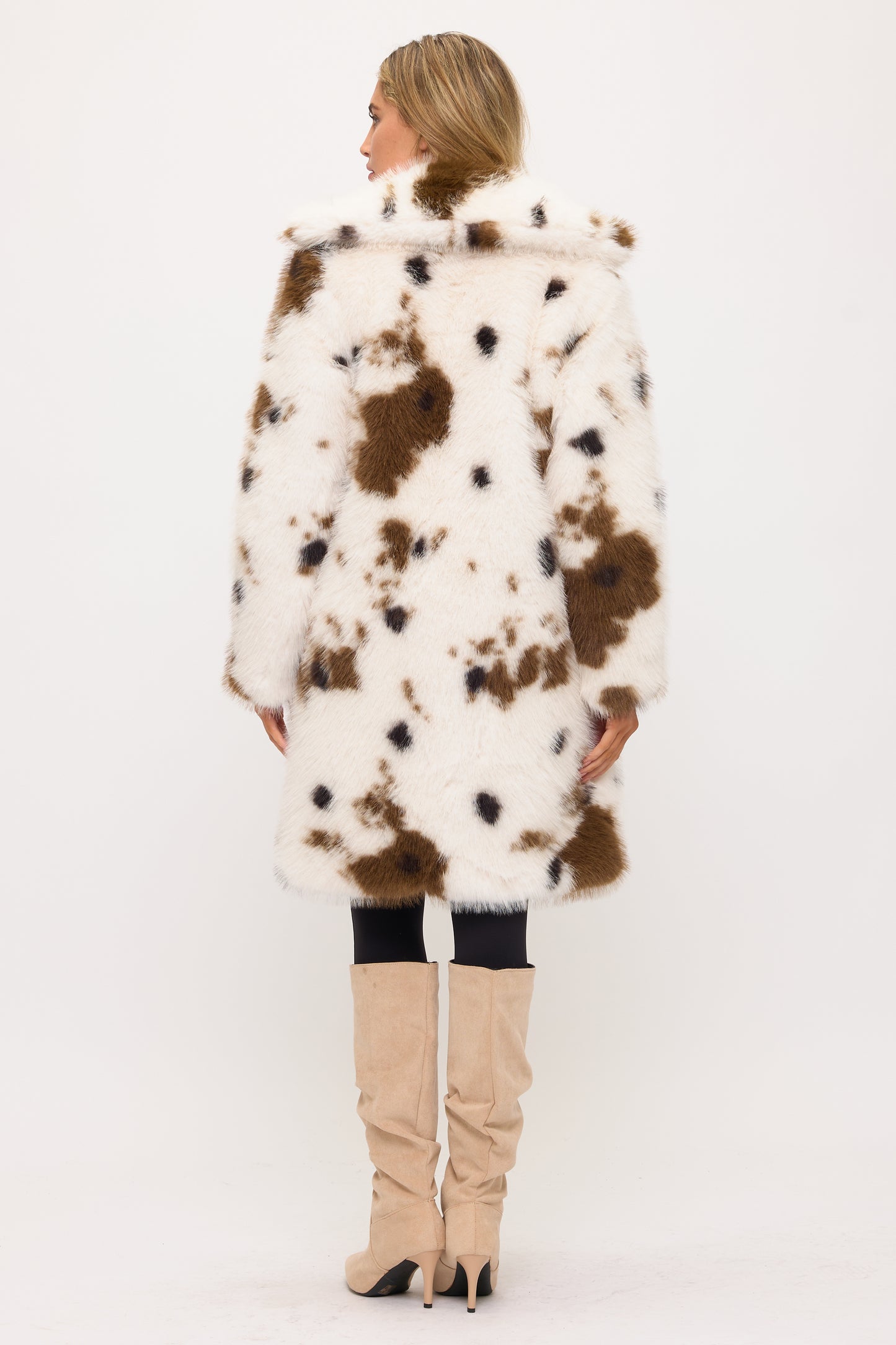Cowgirl Luxe Faux Fur Coat Back View in Cow Print | Coalition LA