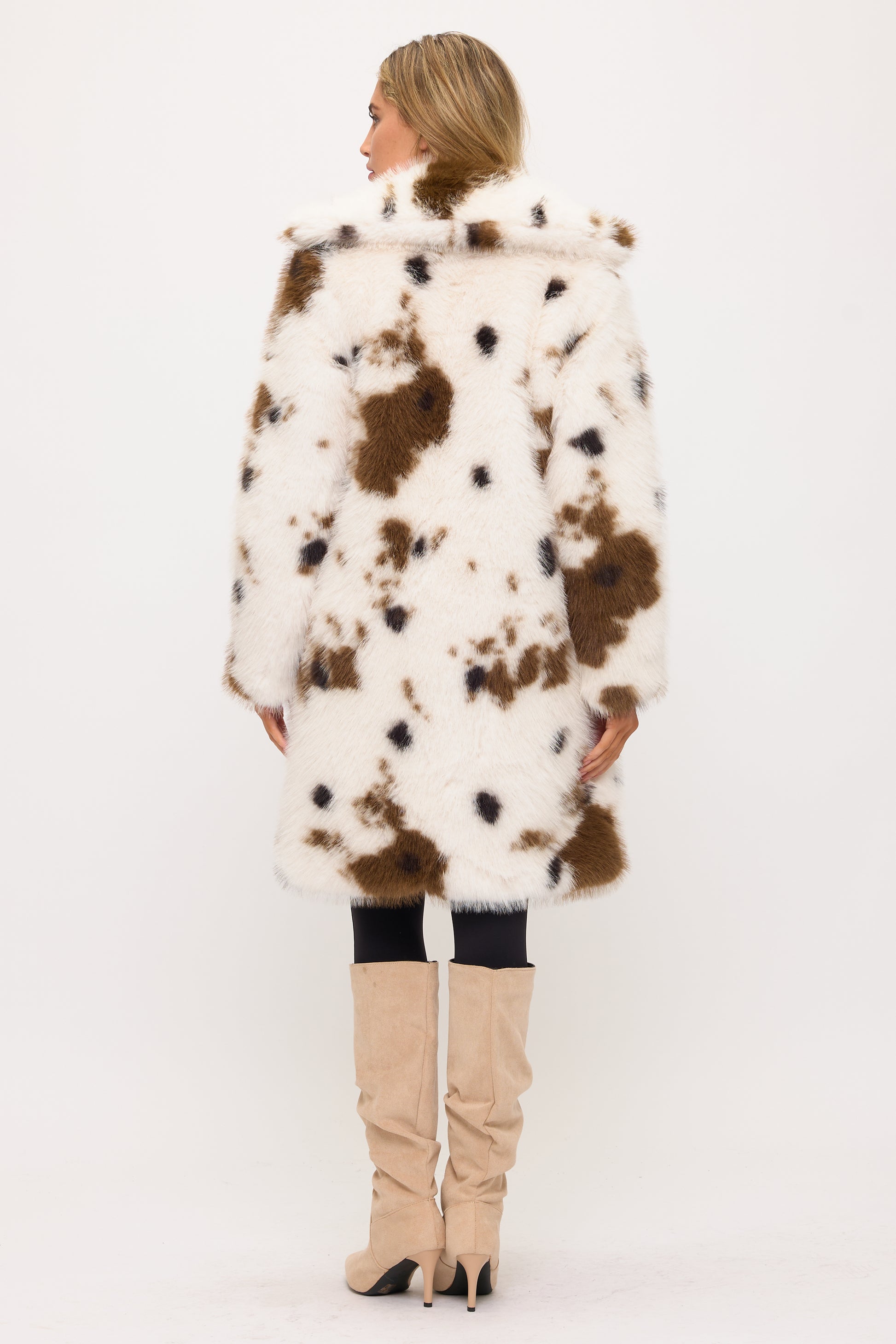 Cowgirl Luxe Faux Fur Coat Back View in Cow Print | Coalition LA