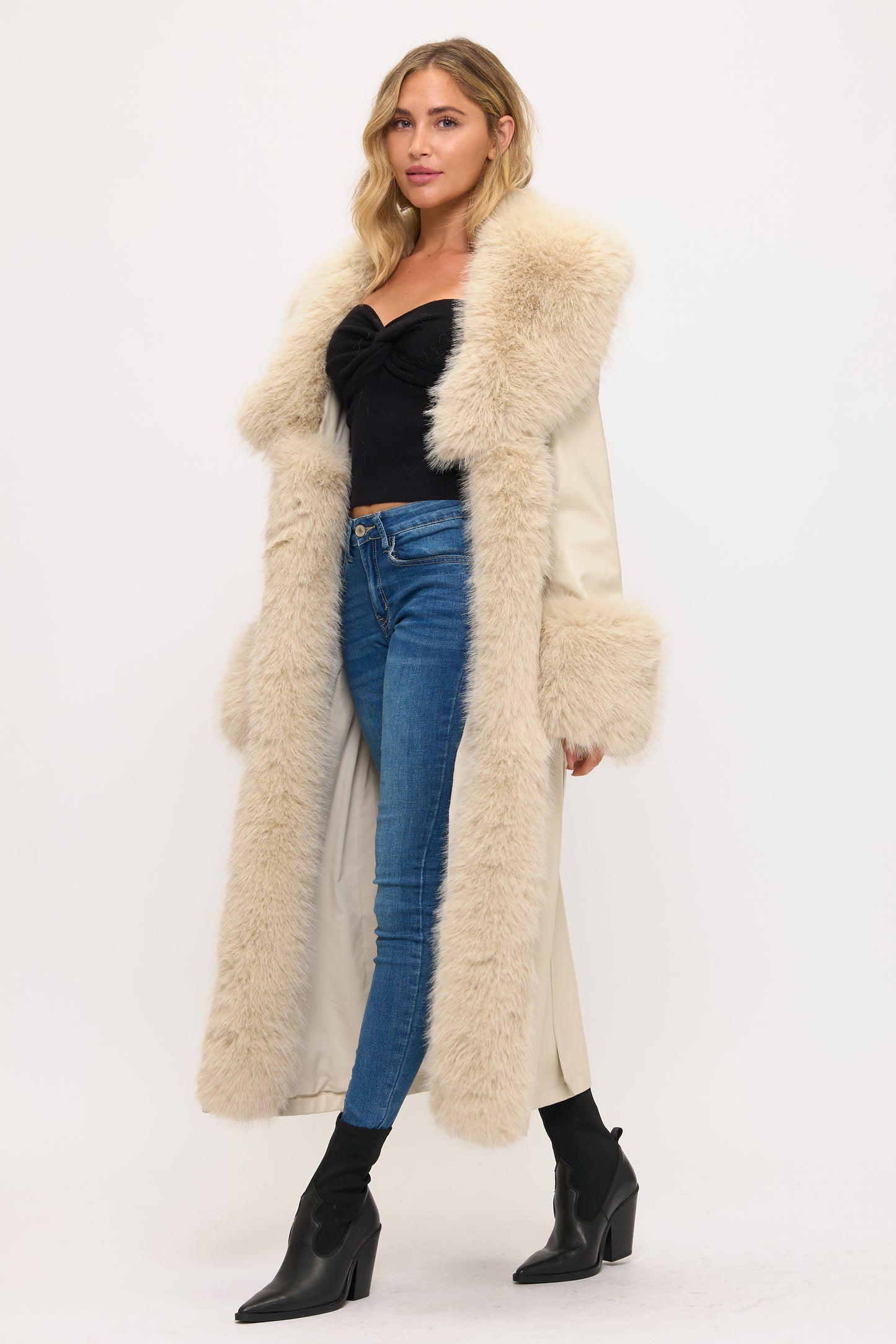 Long Faux Leather & Fur Trim Coat
