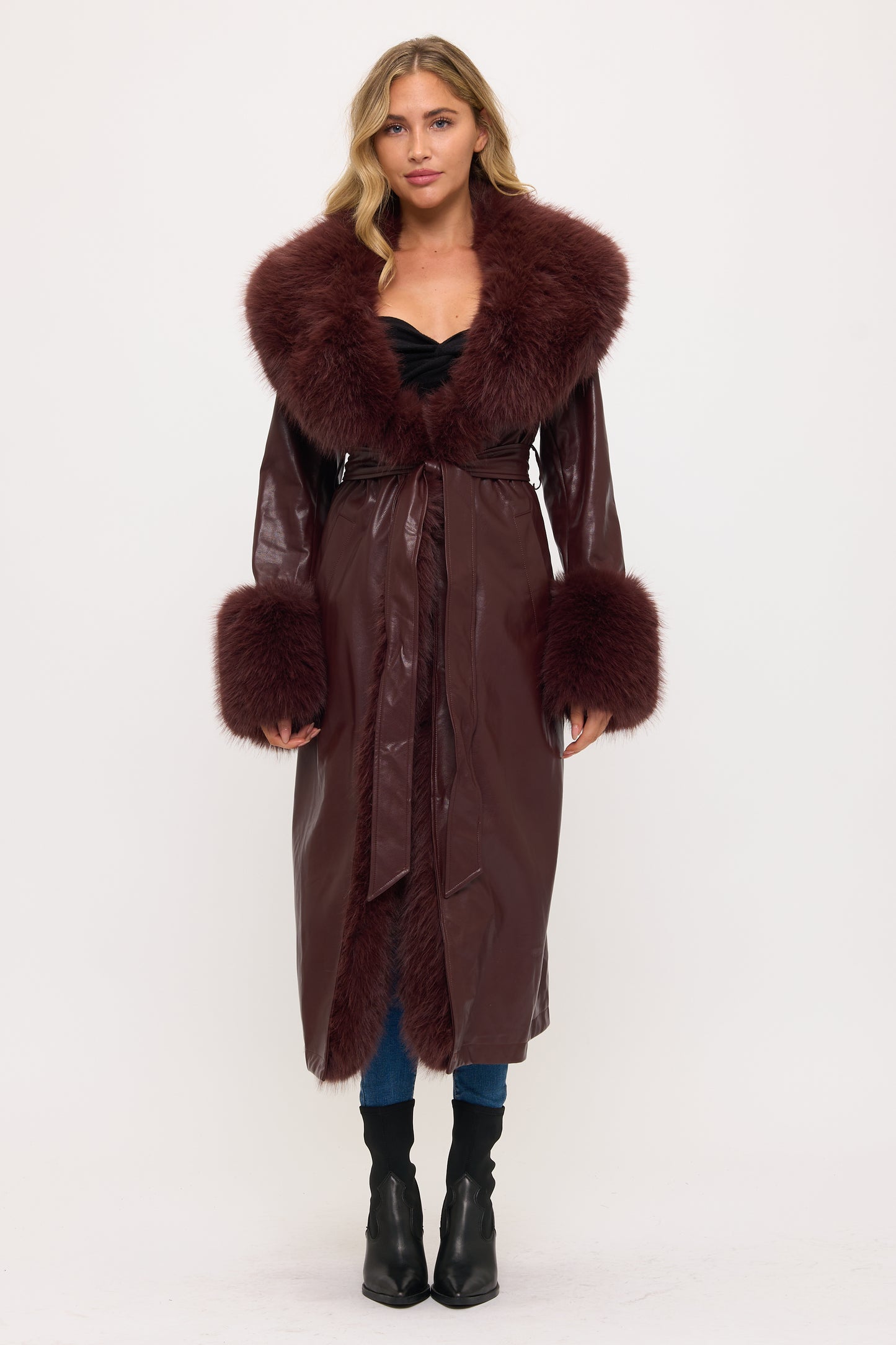 Long Faux Leather & Fur Trim Coat
