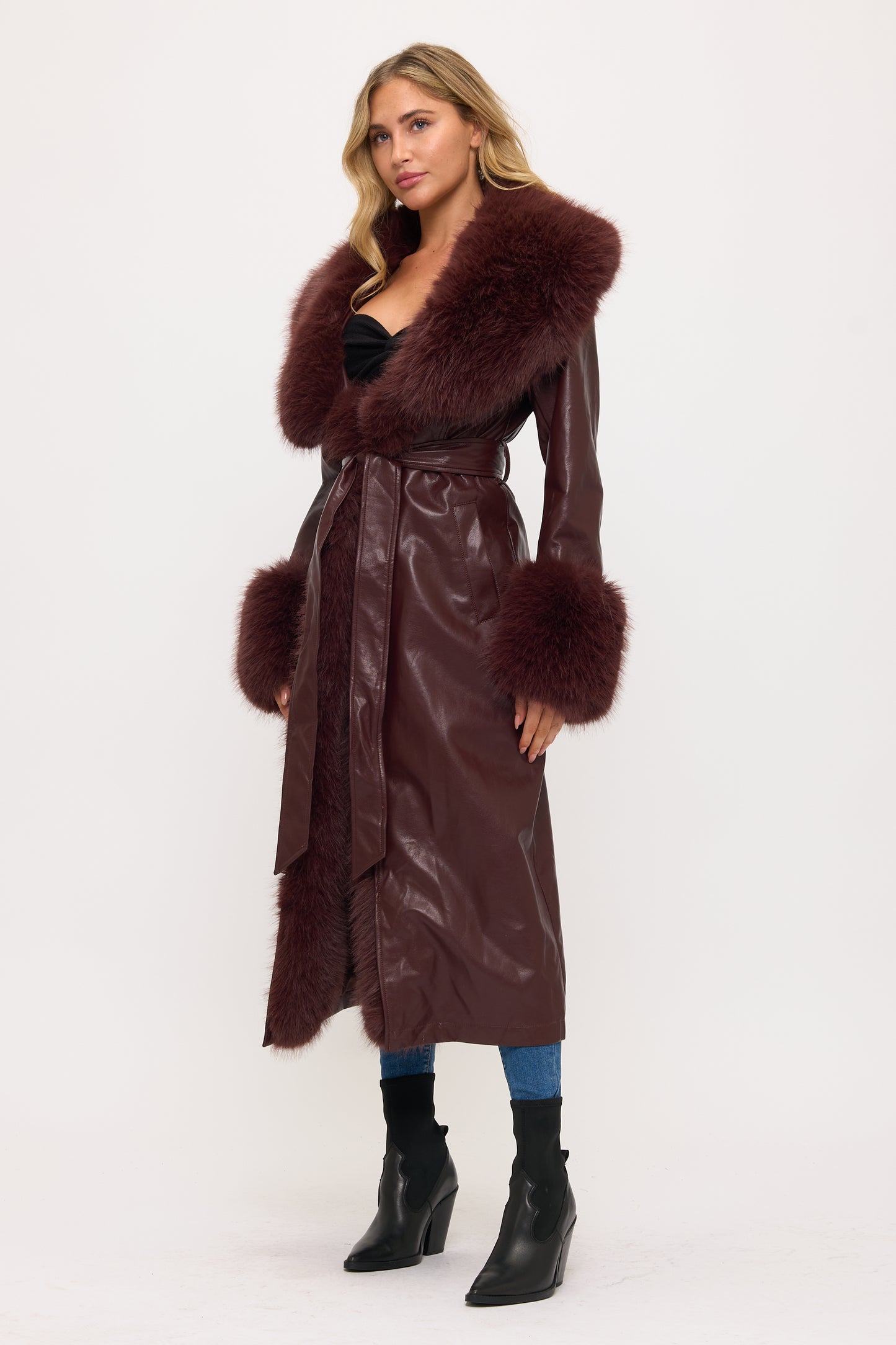 Long Faux Leather & Fur Trim Coat