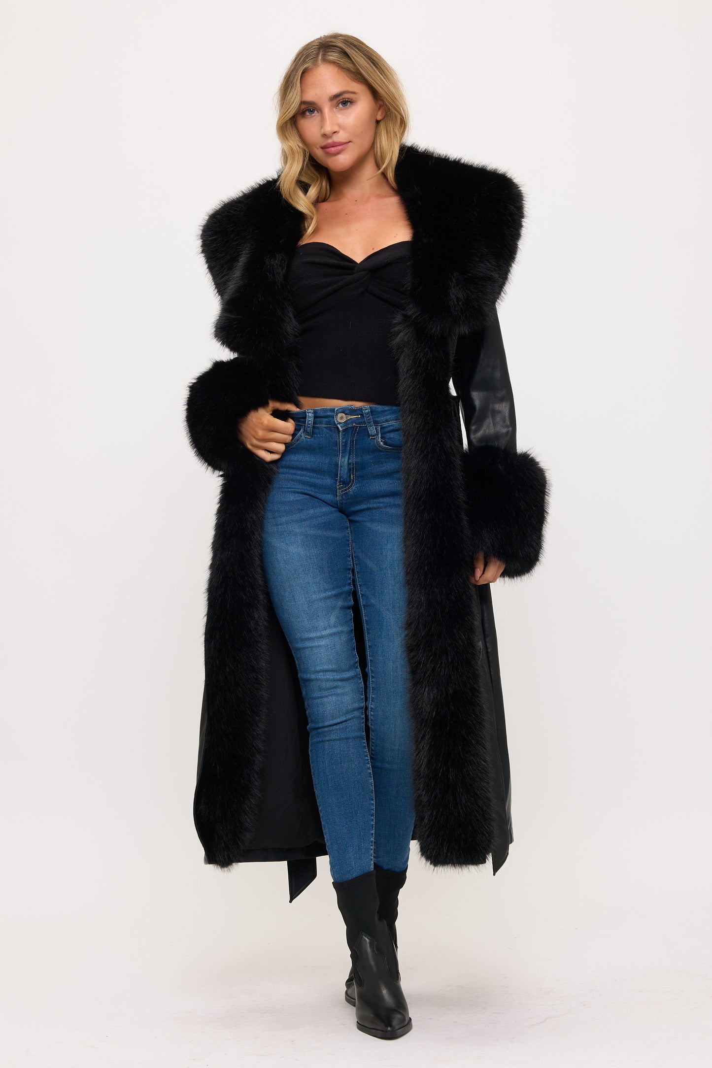 Long Faux Leather & Fur Trim Coat