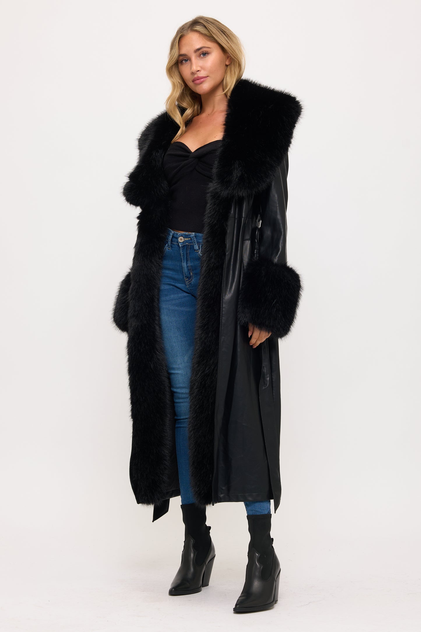 Long Faux Leather & Fur Trim Coat