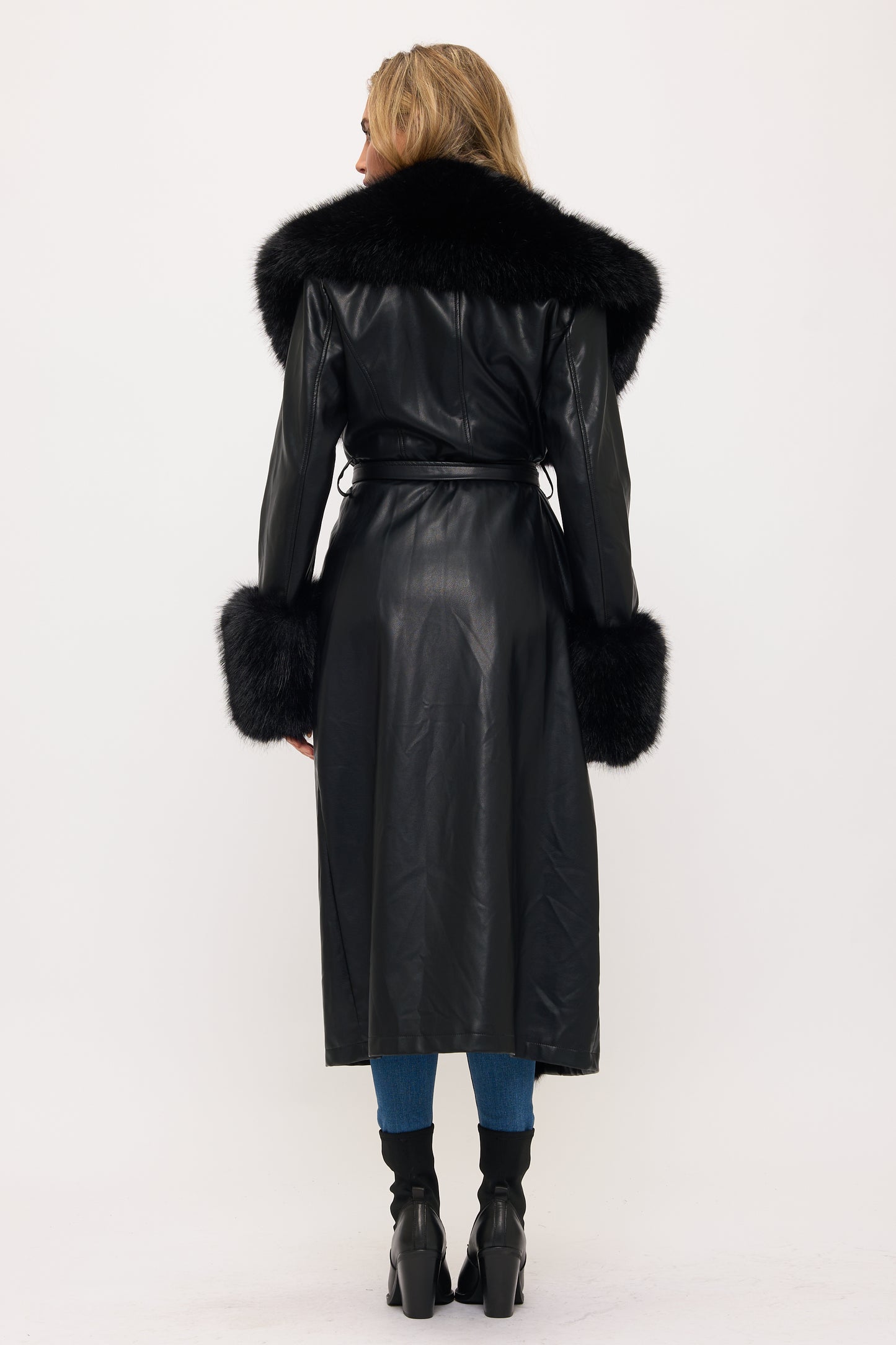 Long Faux Leather & Fur Trim Coat