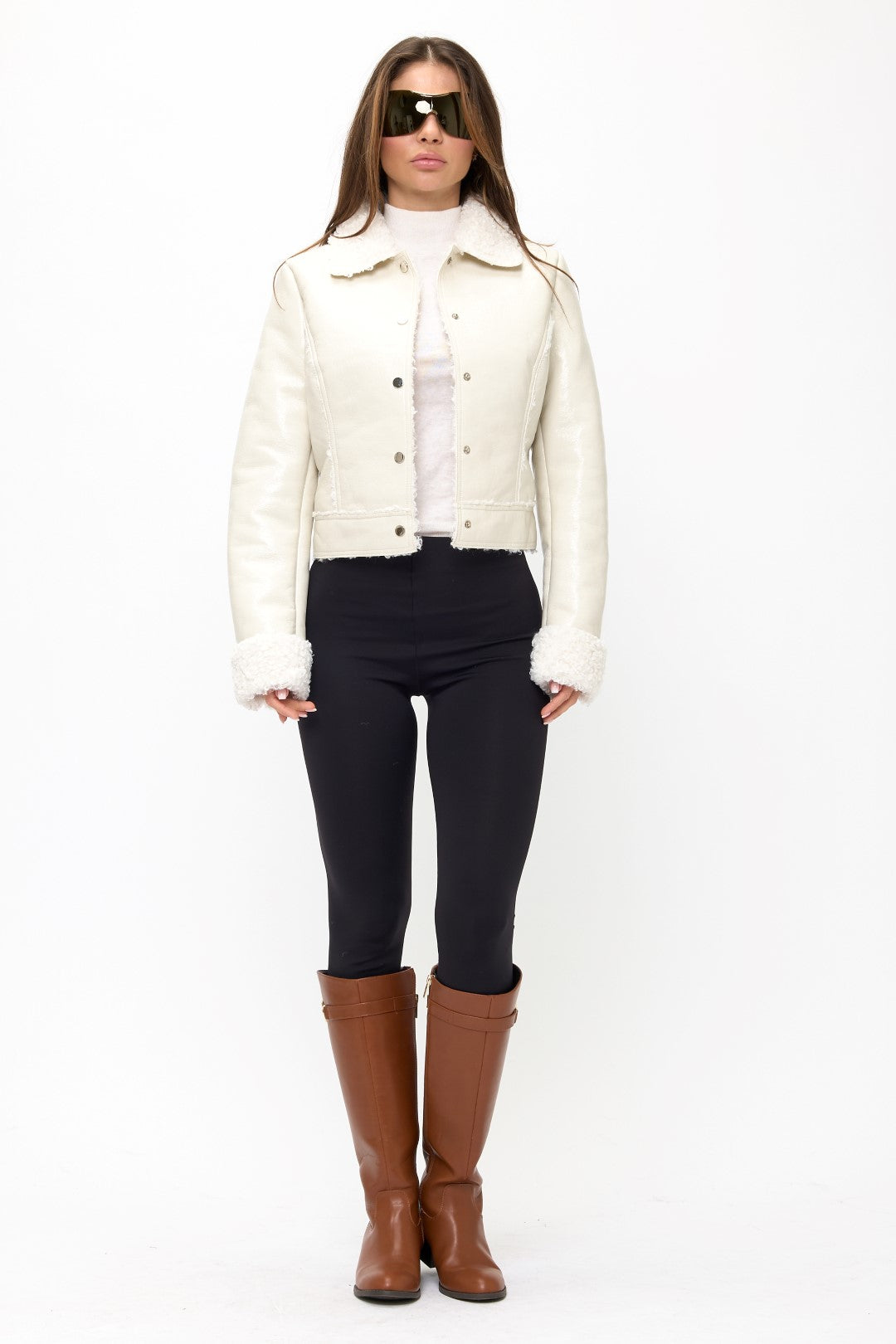Model Wearing Sherpa Shine Moto Full Length View in White | Coalition LA