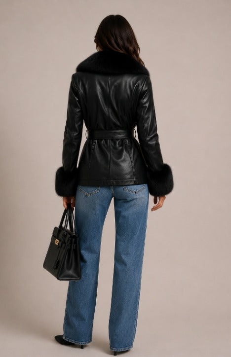 CLALJ0039: Velour Luxe Bordeaux Belted Leather Jacket
