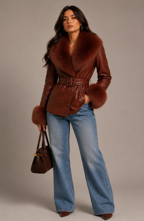 CLALJ0039: Velour Luxe Bordeaux Belted Leather Jacket