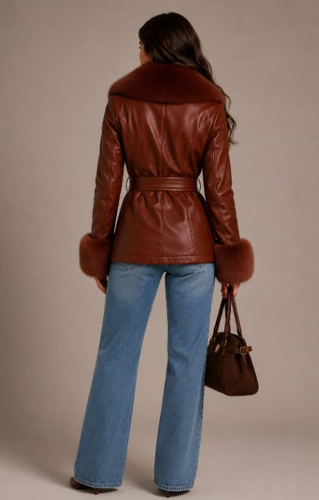 CLALJ0039: Velour Luxe Bordeaux Belted Leather Jacket