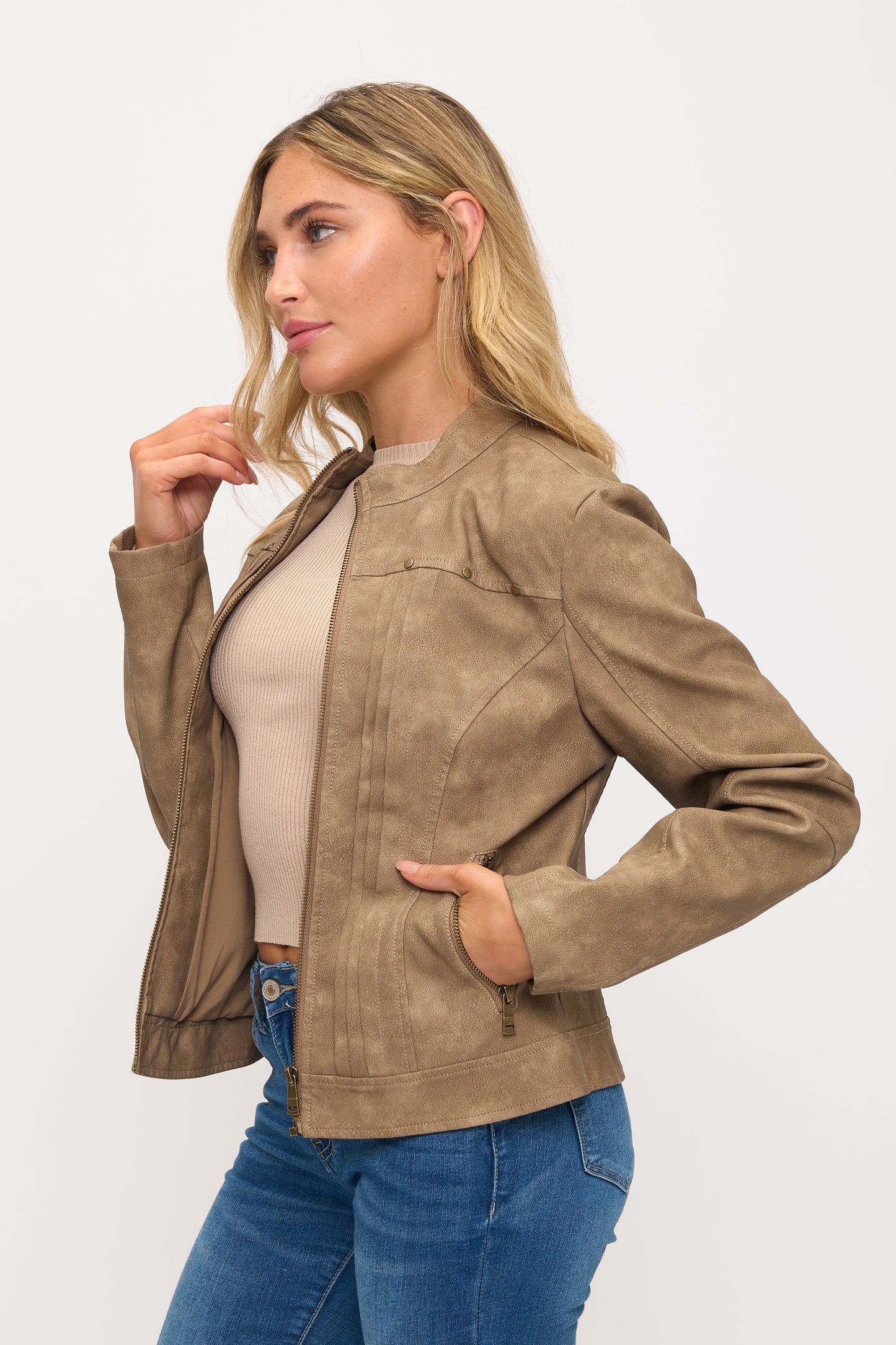 CLALJ0140: Meridian Pleated Faux Leather Moto Jacket