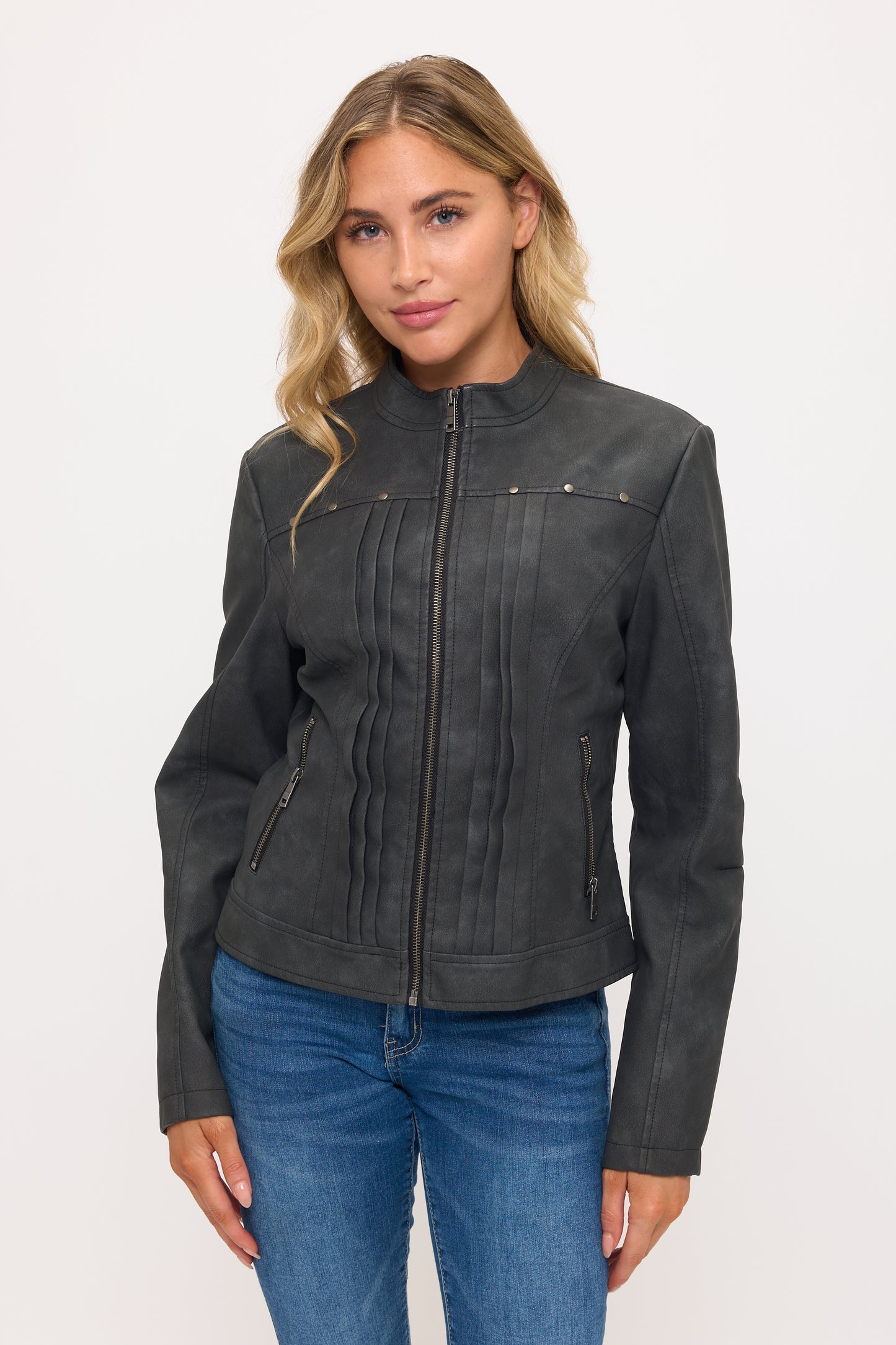 CLALJ0140: Meridian Pleated Faux Leather Moto Jacket