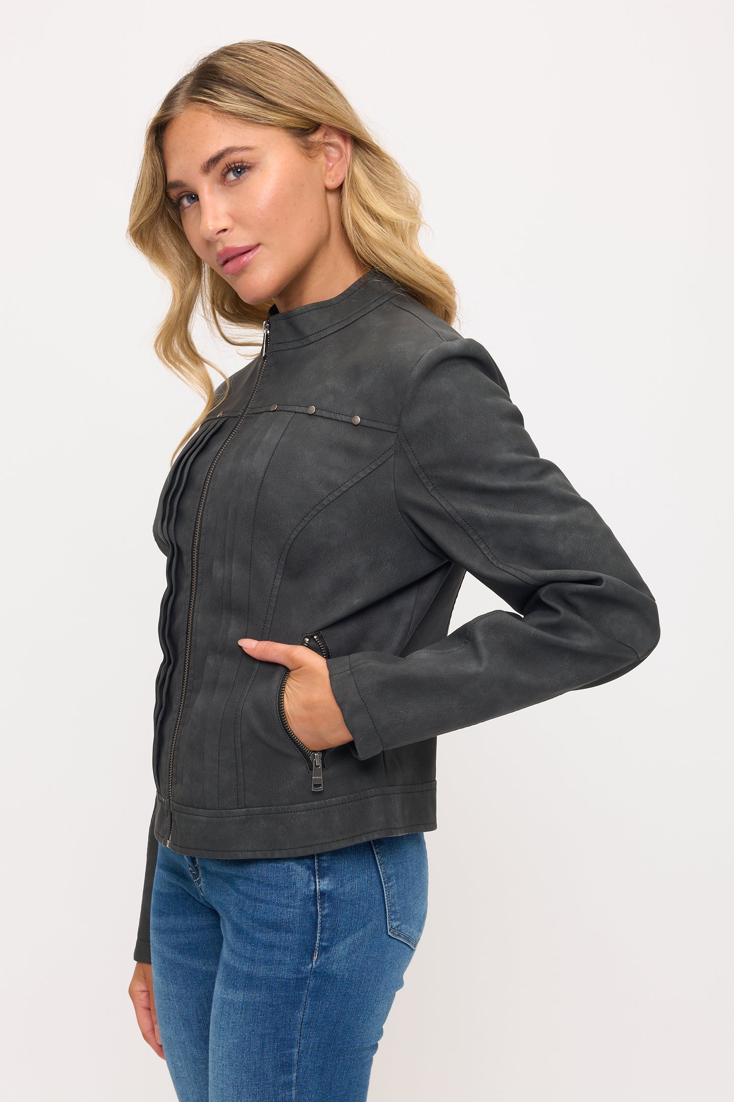 CLALJ0140: Meridian Pleated Faux Leather Moto Jacket