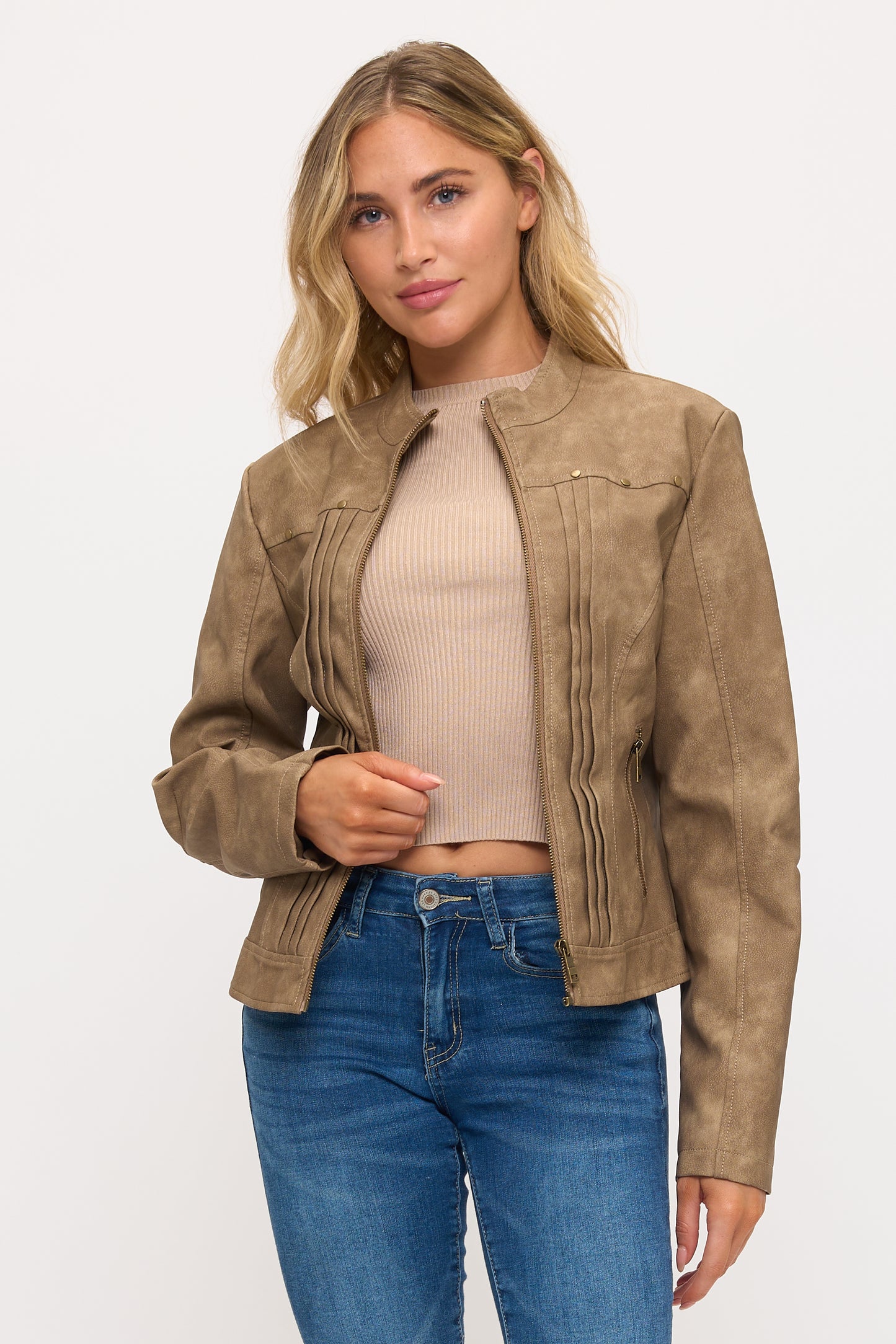 CLALJ0140: Meridian Pleated Faux Leather Moto Jacket