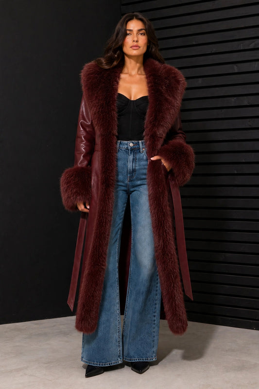 CLALJ0156 - Long Faux Leather & Fur Trim Coat