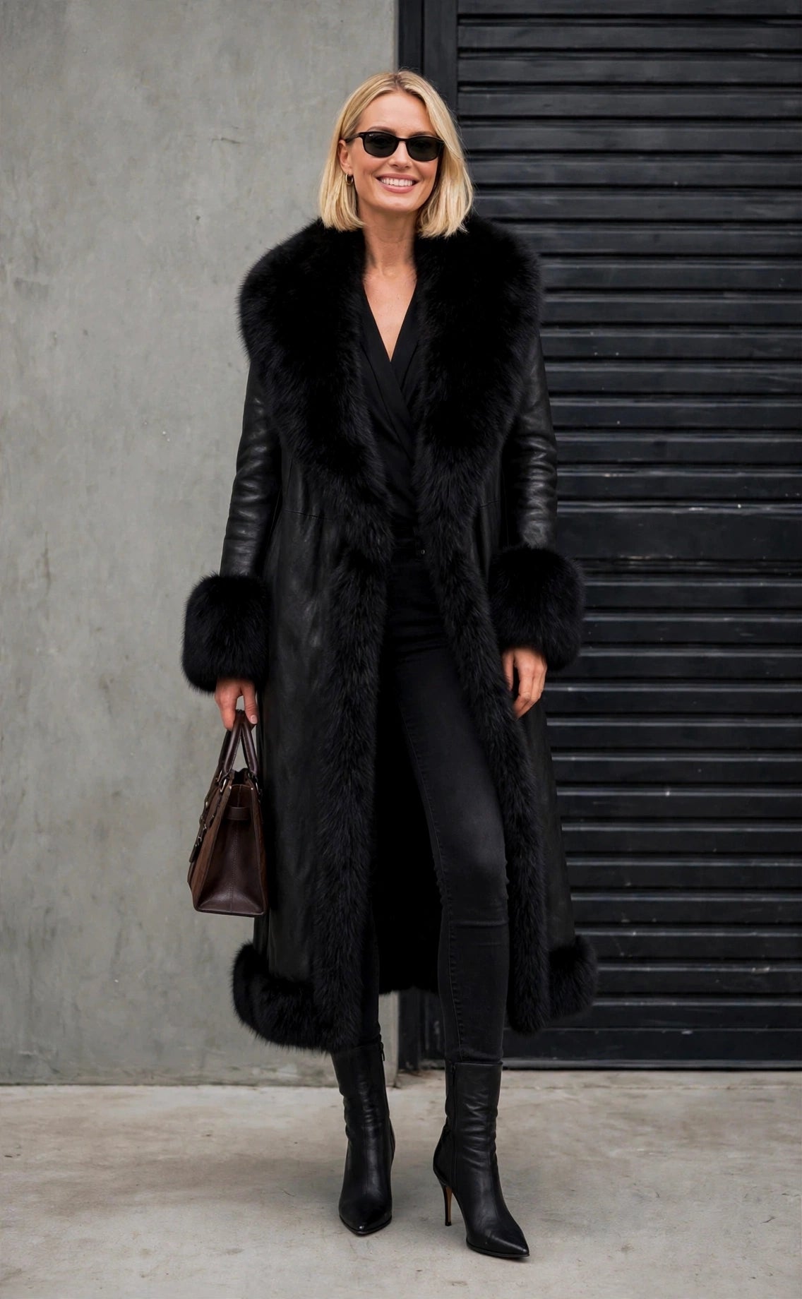 Long Faux Leather & Fur Trim Coat, black coat, front view
