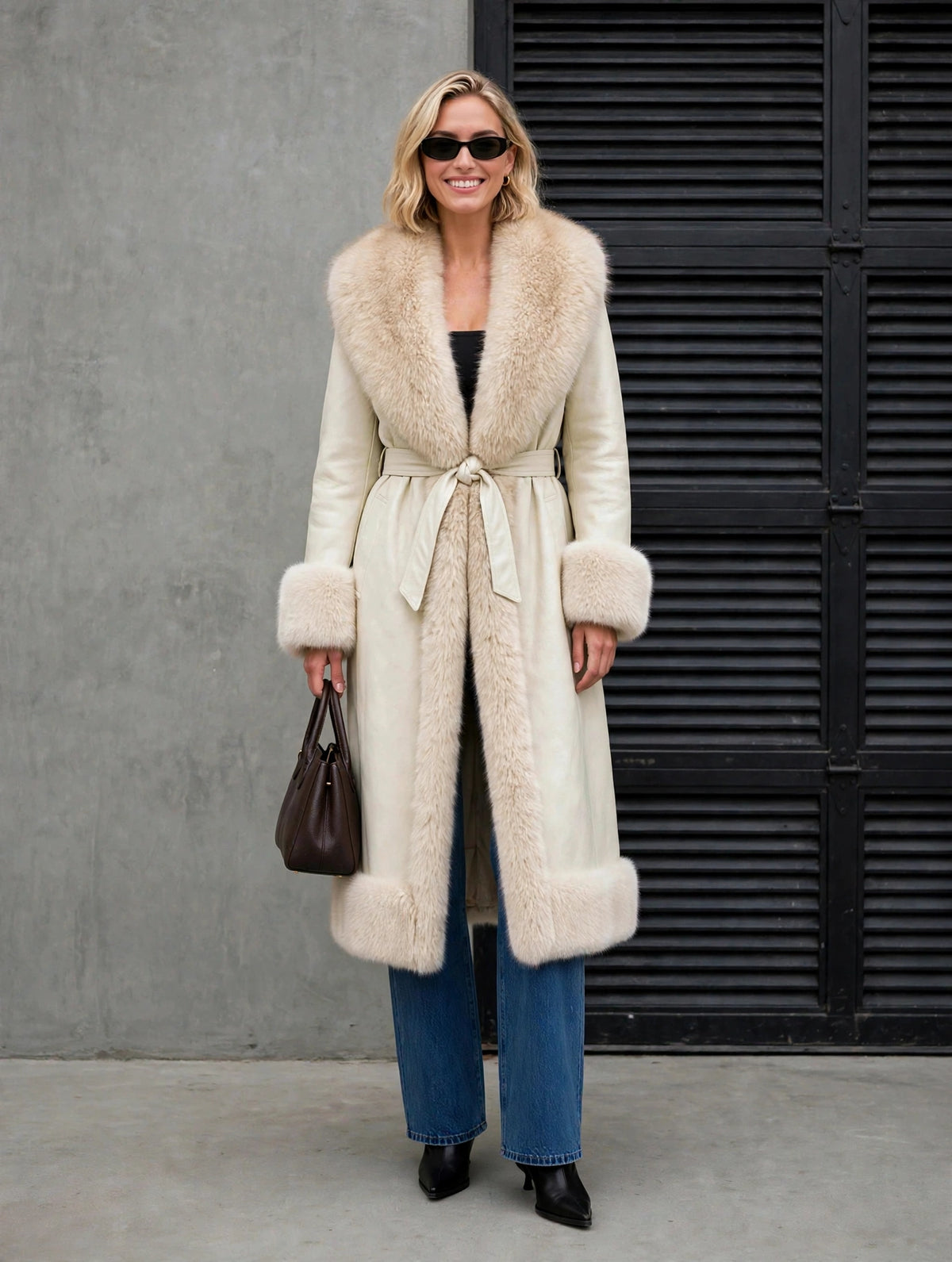 Long Faux Leather & Fur Trim Coat, cream coat, front view