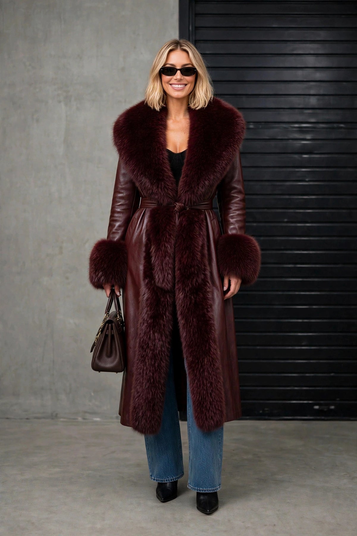 Long Faux Leather & Fur Trim Coat, wine coat, front view