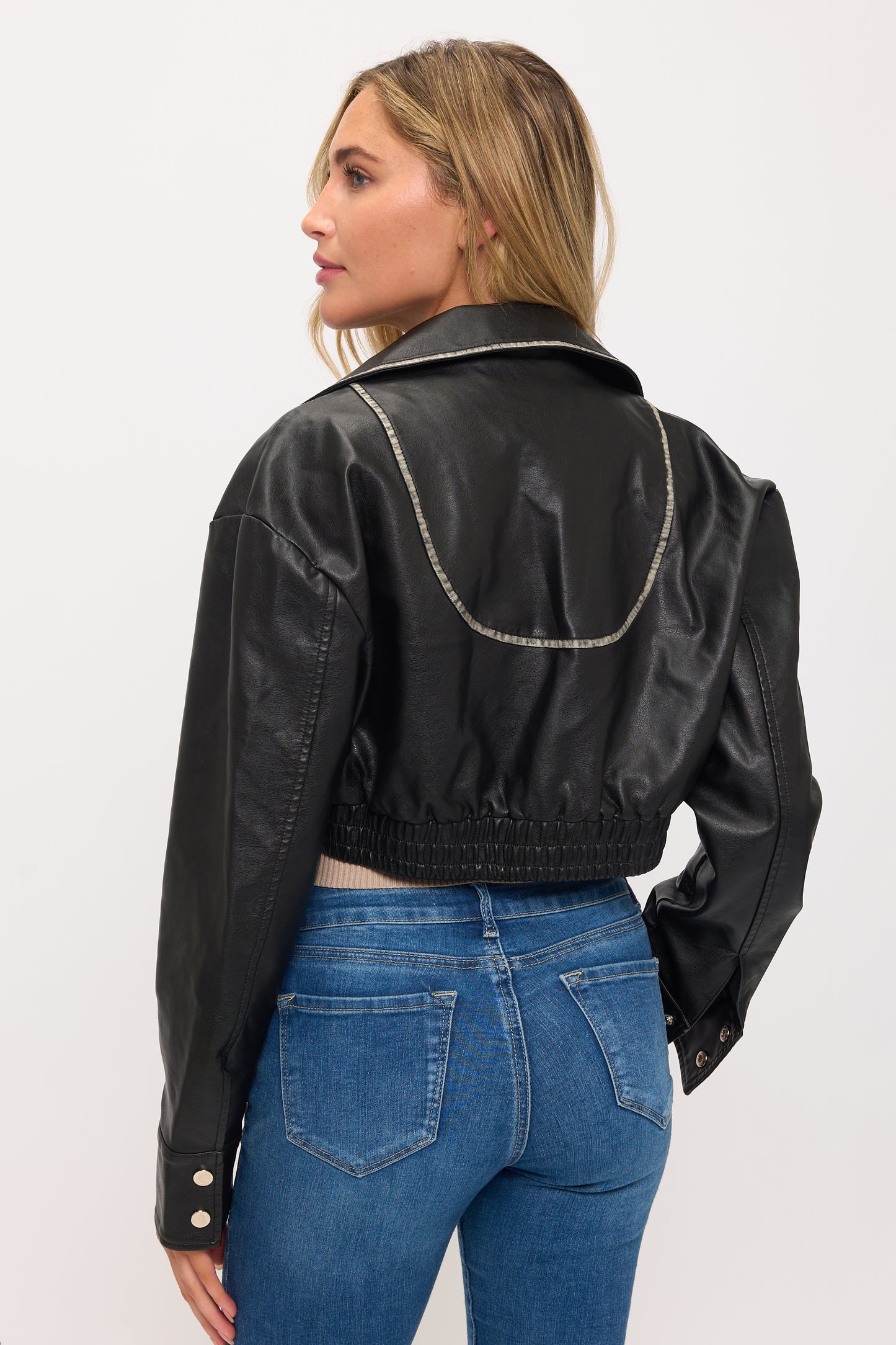 CLALJ0159: Cropped Moto Jacket with Contrast Stitch Detail