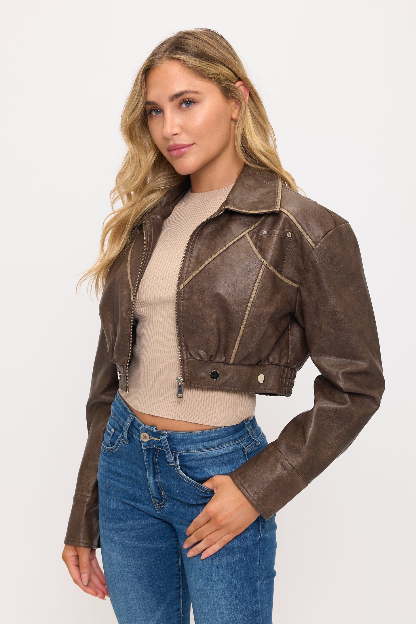 CLALJ0159: Cropped Moto Jacket with Contrast Stitch Detail