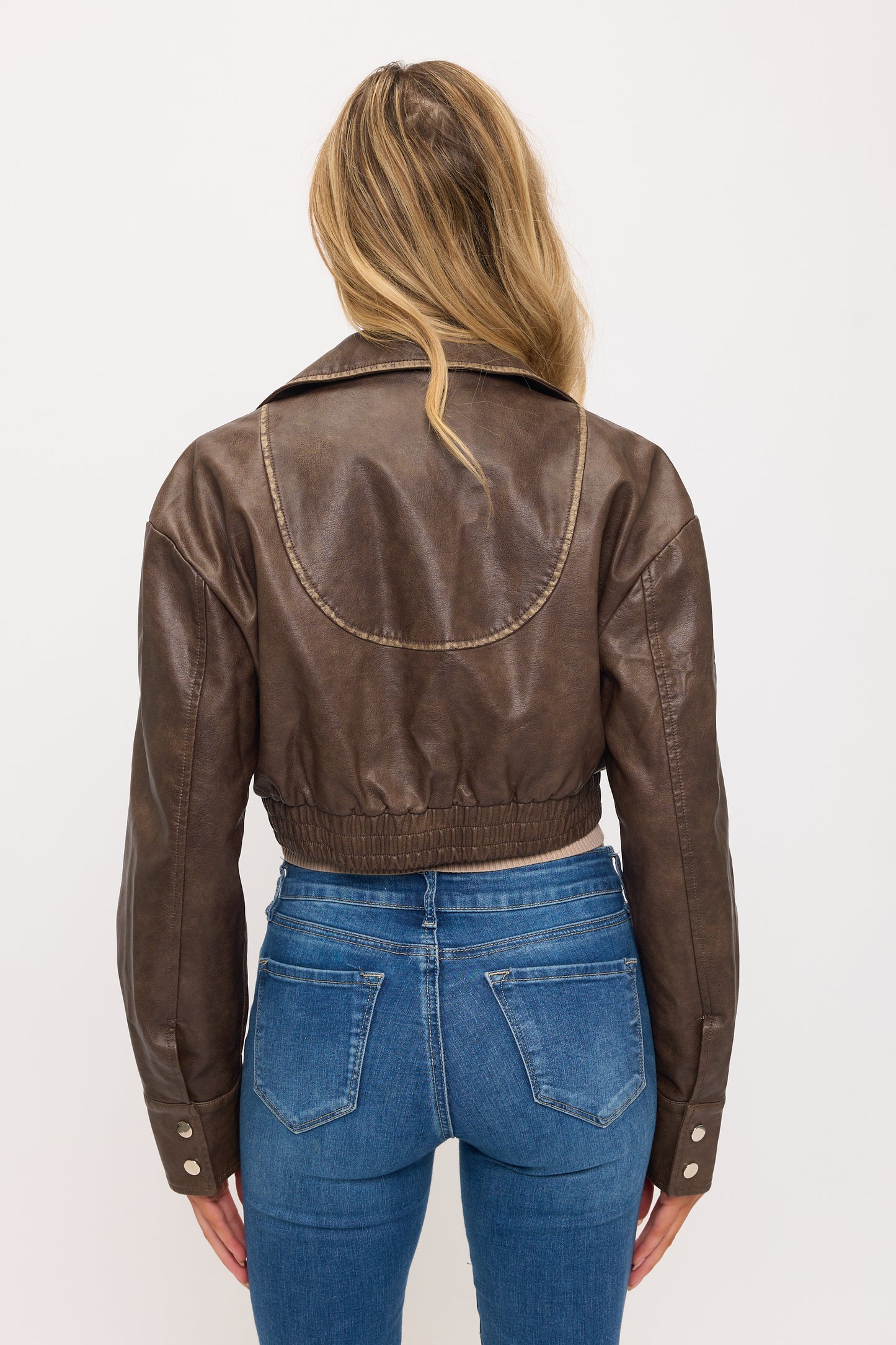 CLALJ0159: Cropped Moto Jacket with Contrast Stitch Detail