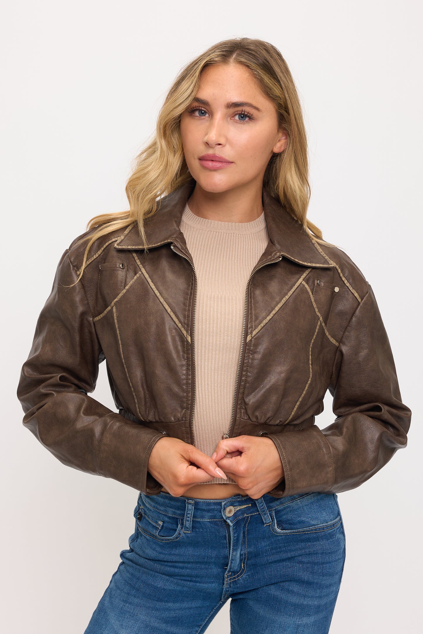 CLALJ0159: Cropped Moto Jacket with Contrast Stitch Detail