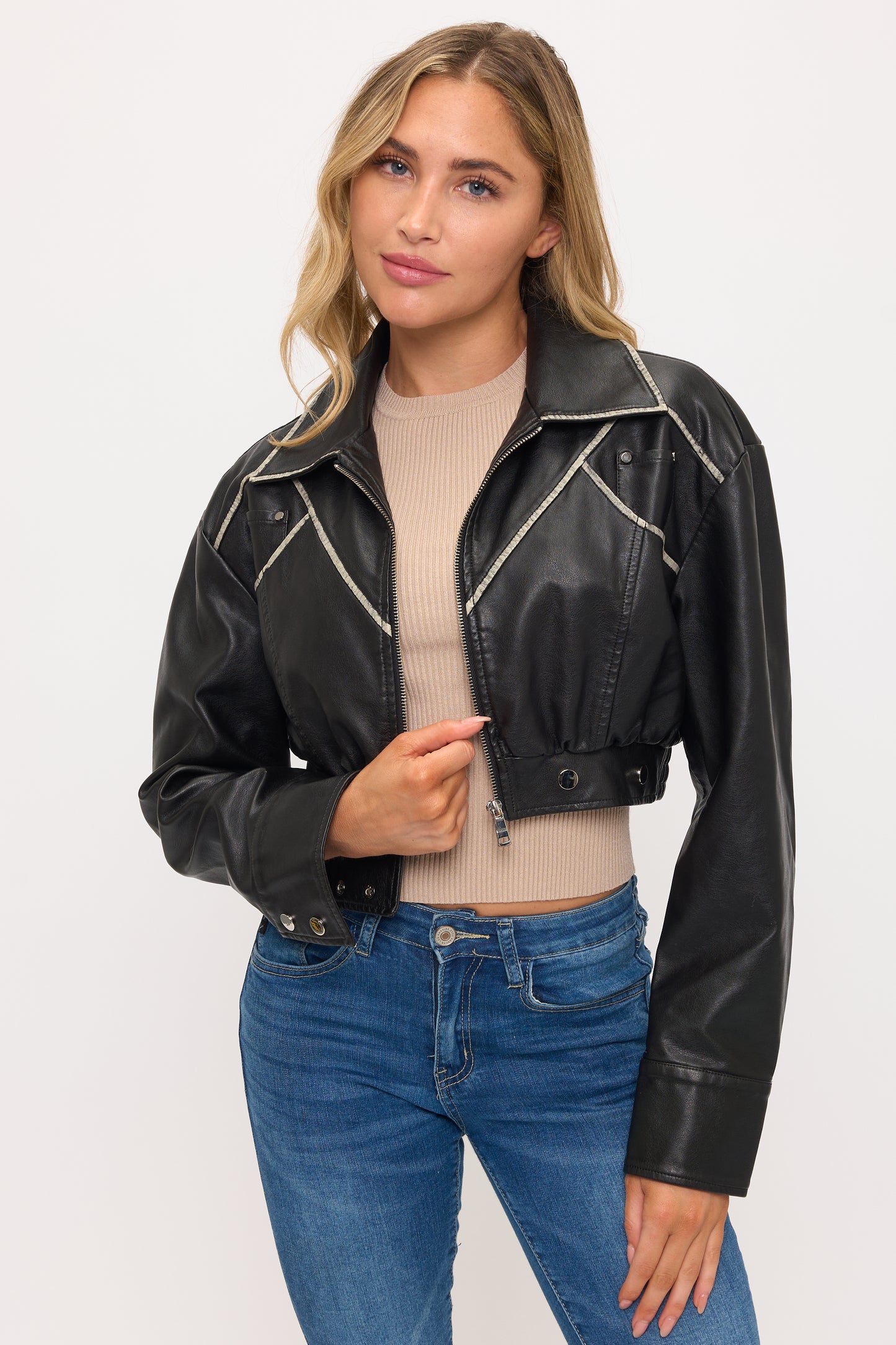 CLALJ0159: Cropped Moto Jacket with Contrast Stitch Detail
