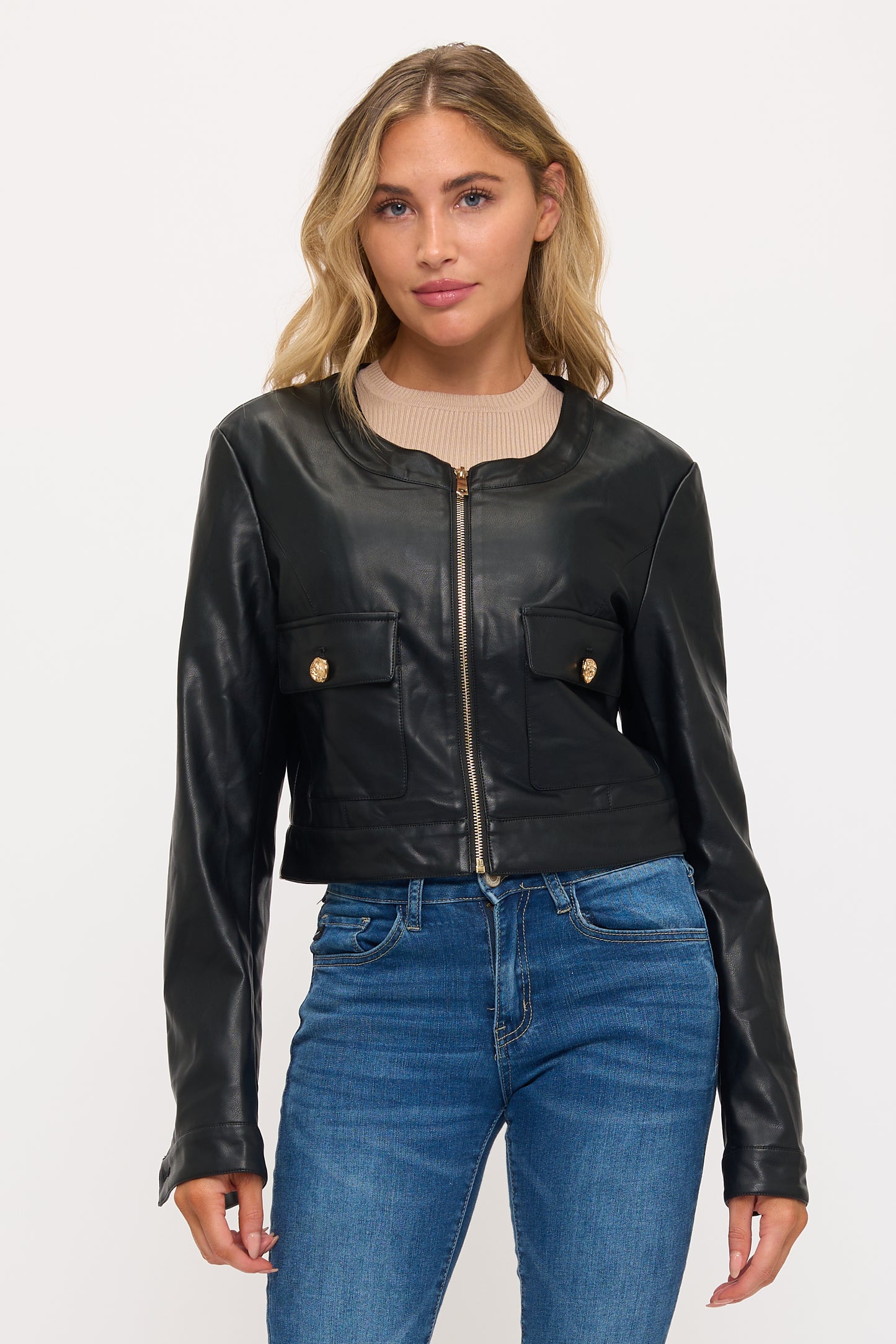 CLALJ0160: Cropped Faux Leather Jacket with Pocket Detail