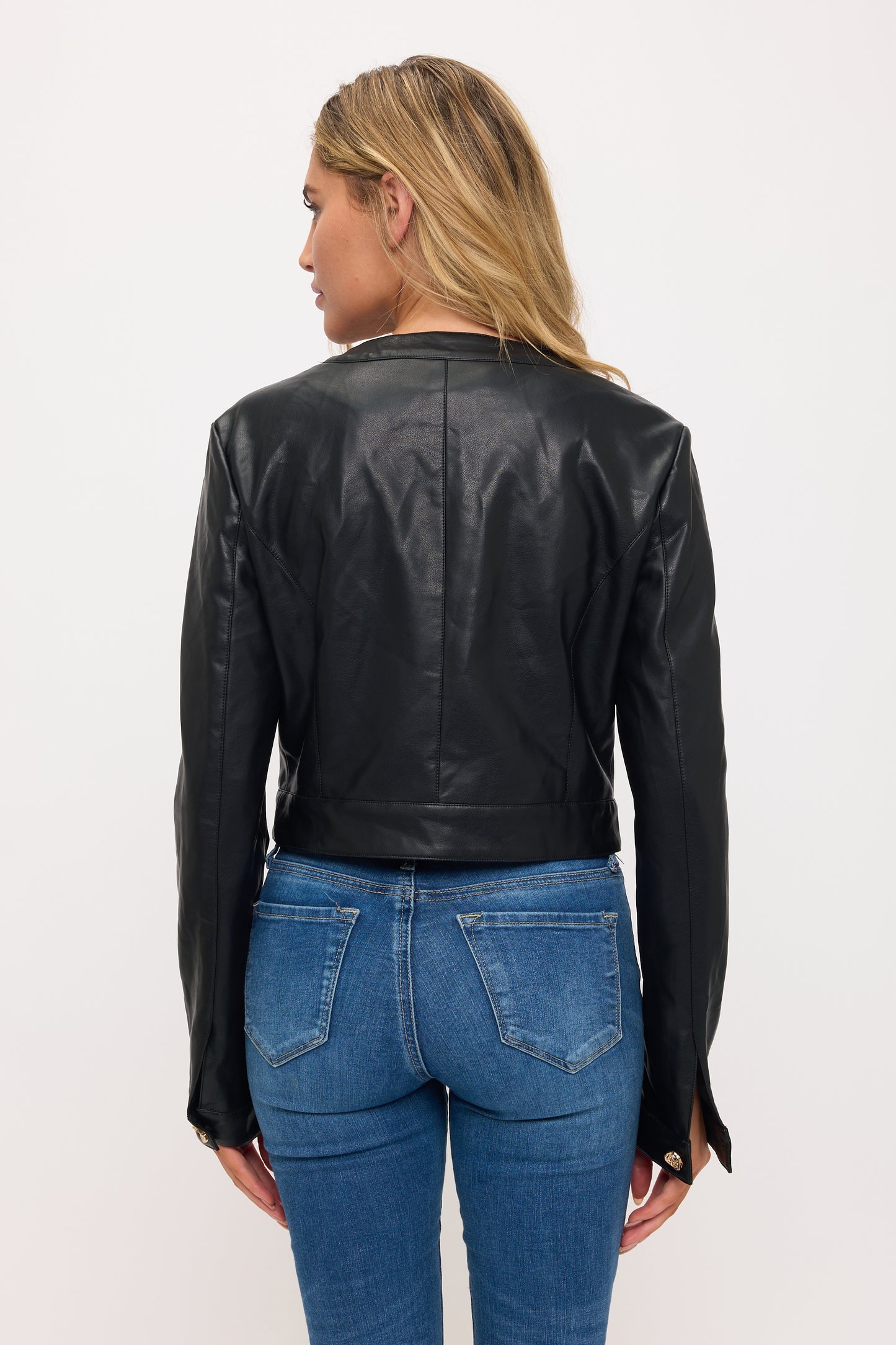 CLALJ0160: Cropped Faux Leather Jacket with Pocket Detail