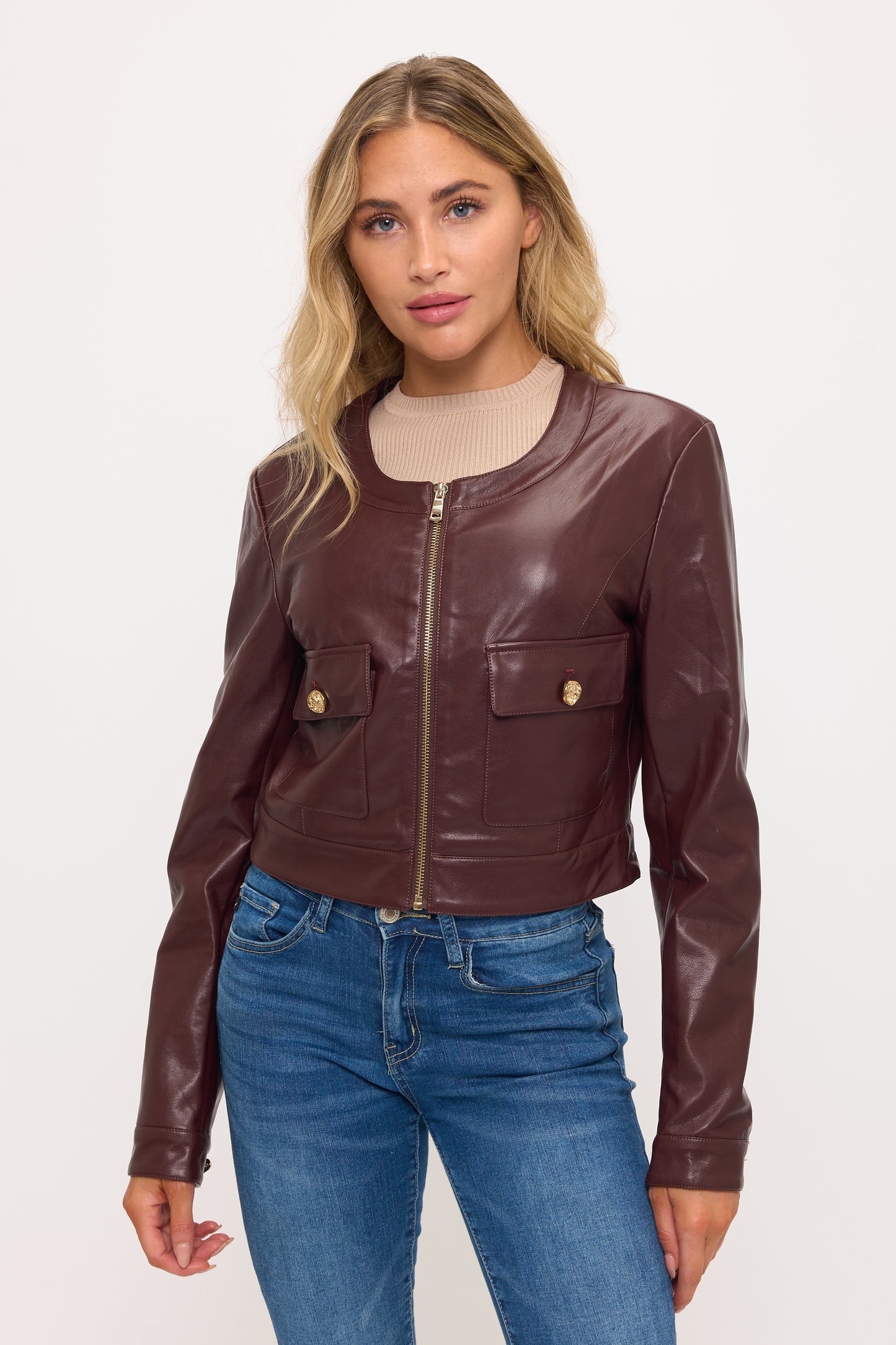 CLALJ0160: Cropped Faux Leather Jacket with Pocket Detail
