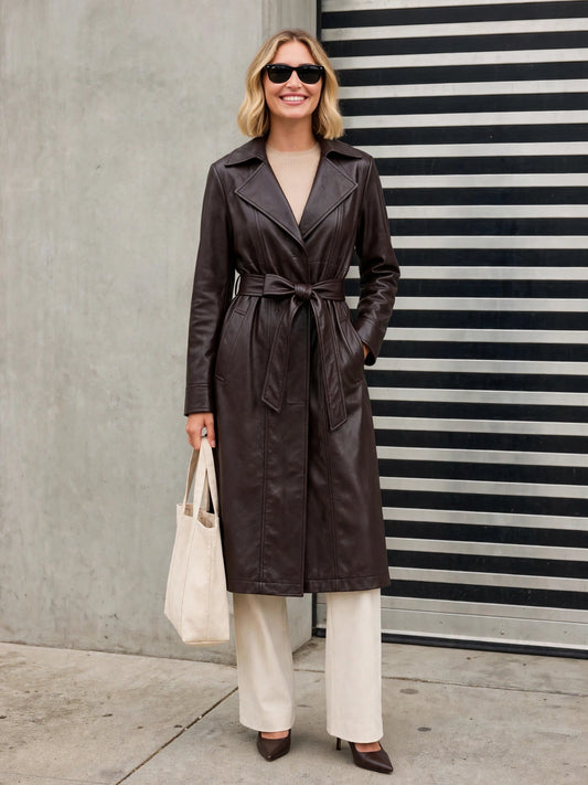 Neo Luxe Leather Trench, brown trench, front view