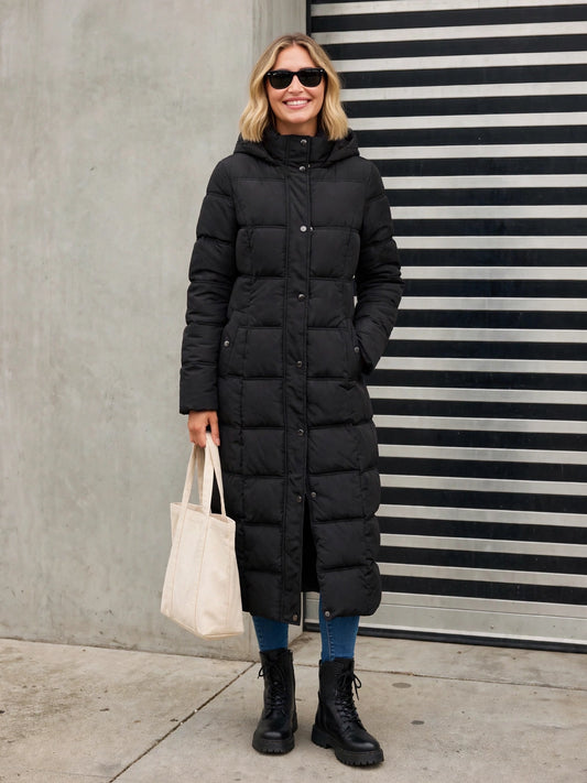 Skyline Elite Hooded Coat, black quilted coat, front view
