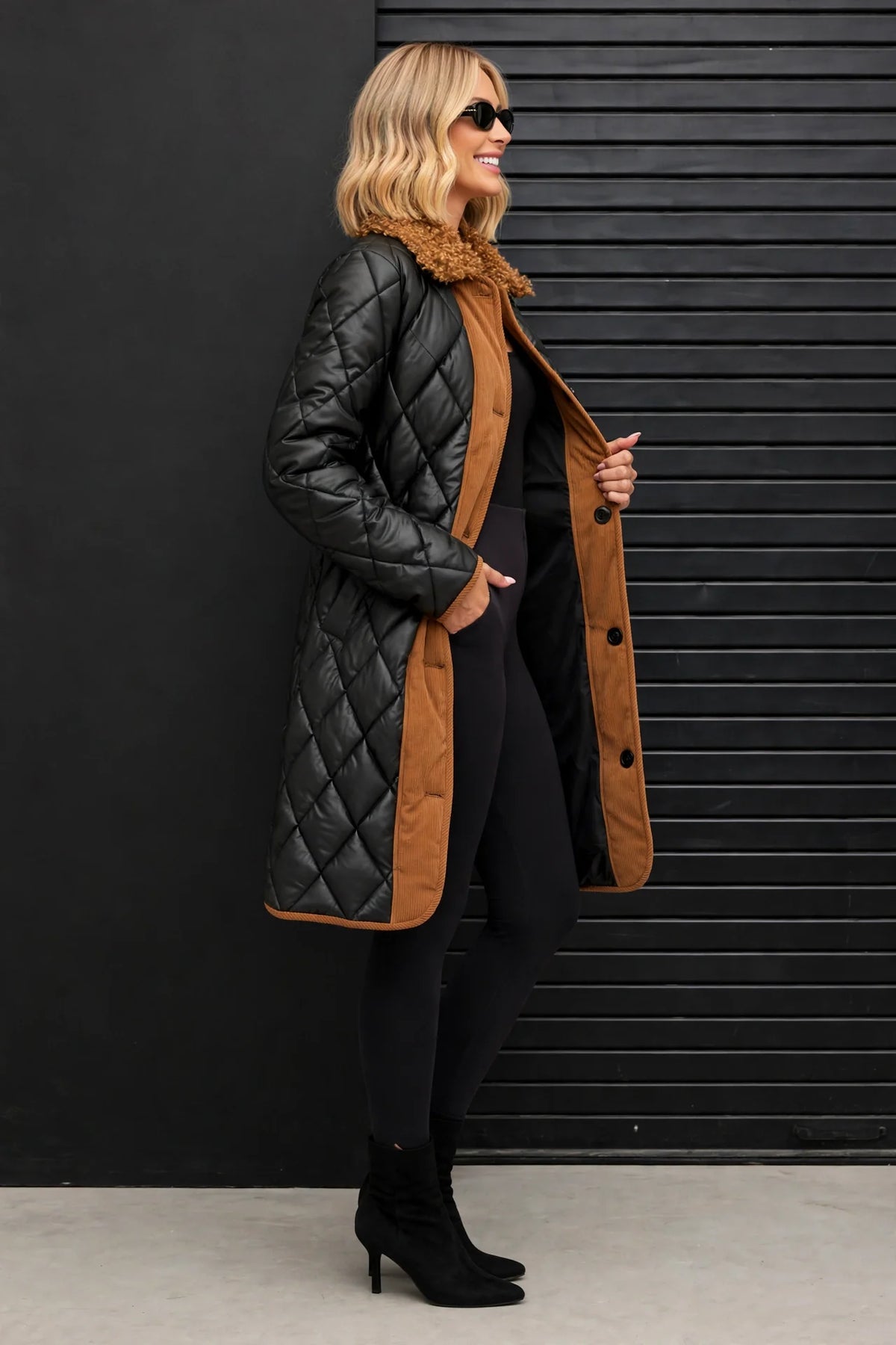 CLANP0020 - Chelsea Diamond Luxe Coat - black-camel side view