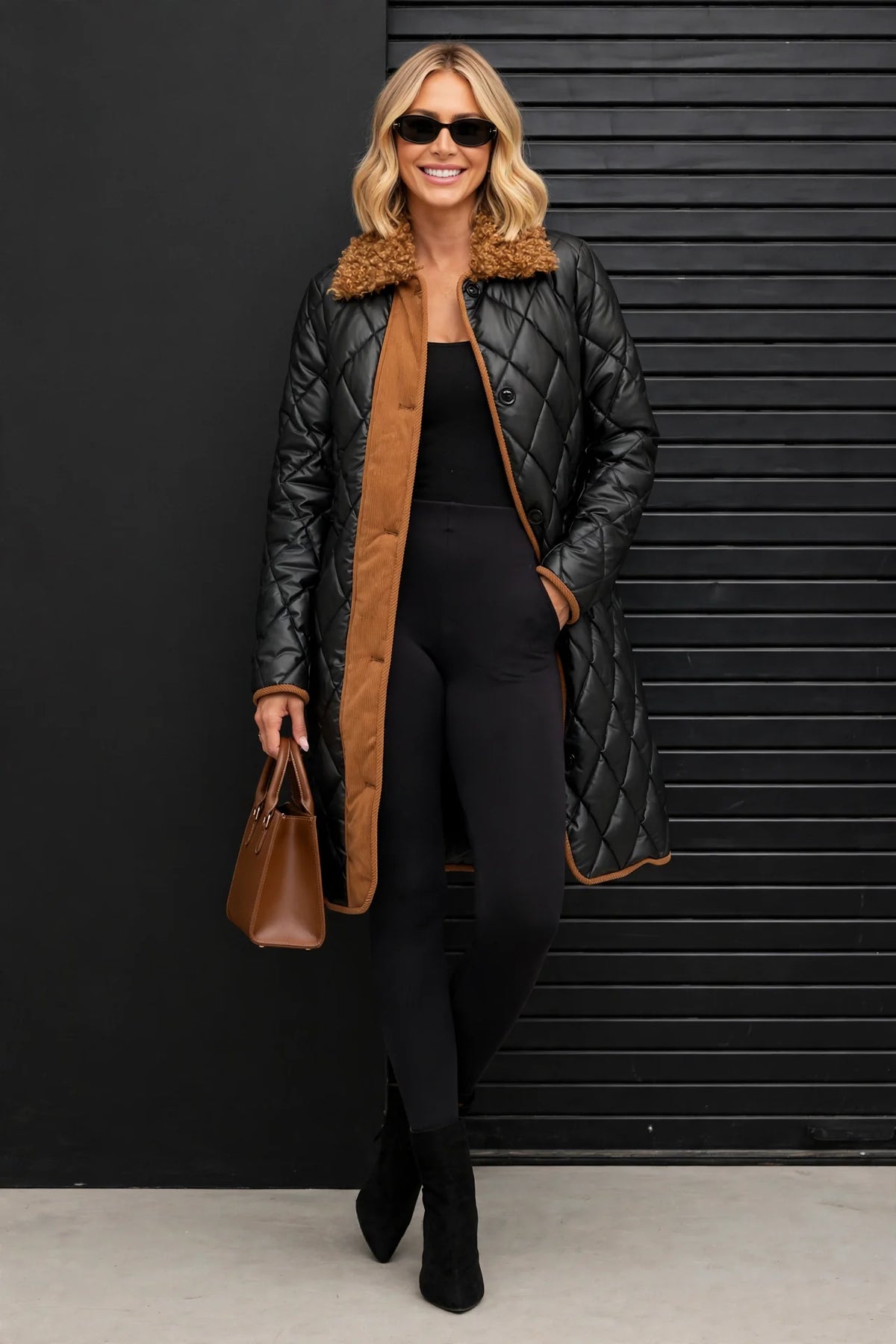 CLANP0020 - Chelsea Diamond Luxe Coat - black-camel front view